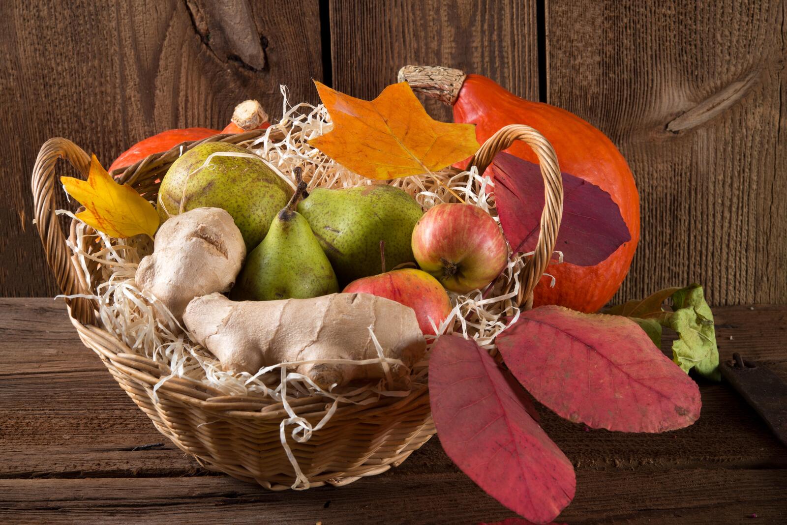 Wallpapers basket food autumn composition of vegetables and fruits on the desktop