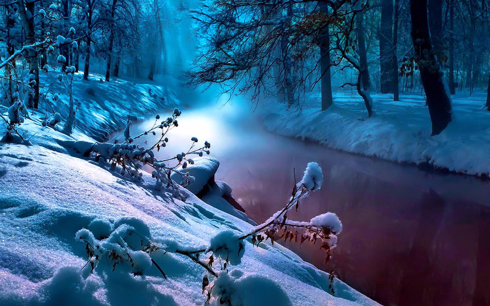 Wallpapers winter river snowdrifts forest on the desktop