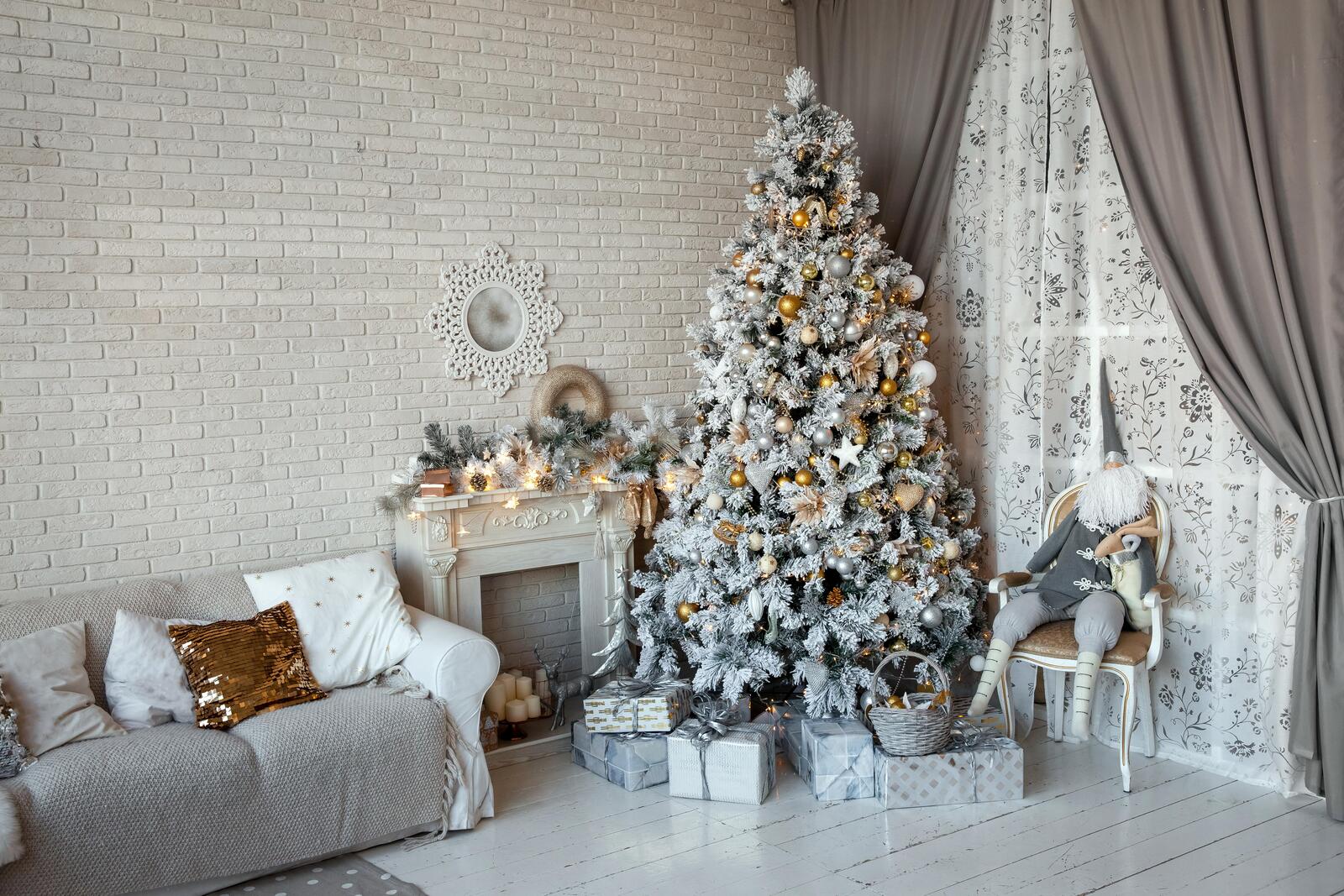 Wallpapers Christmas tree fireplace New Year tree in the interior on the desktop