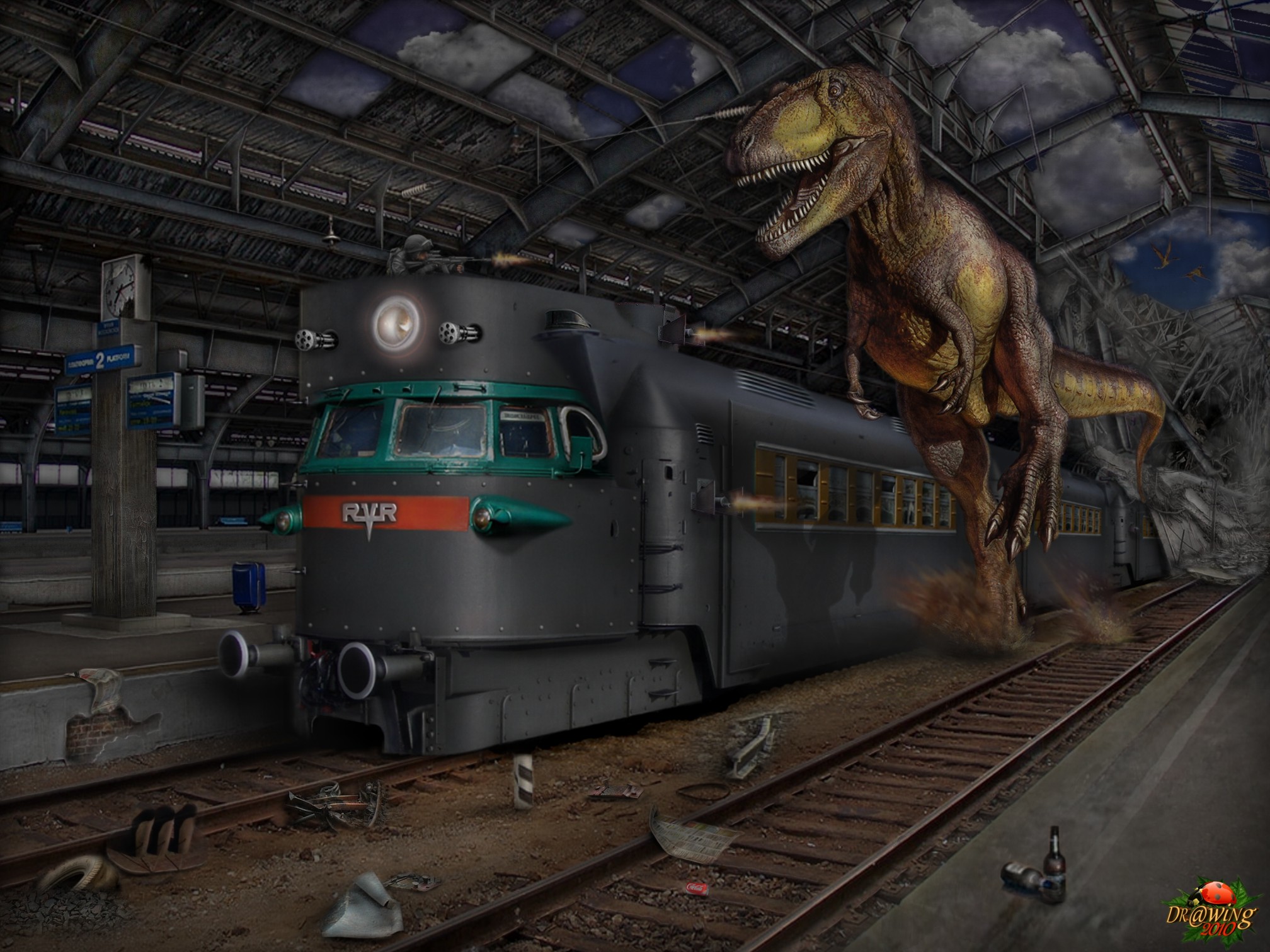 Обои вокзал поезд динозавр на рабочий стол