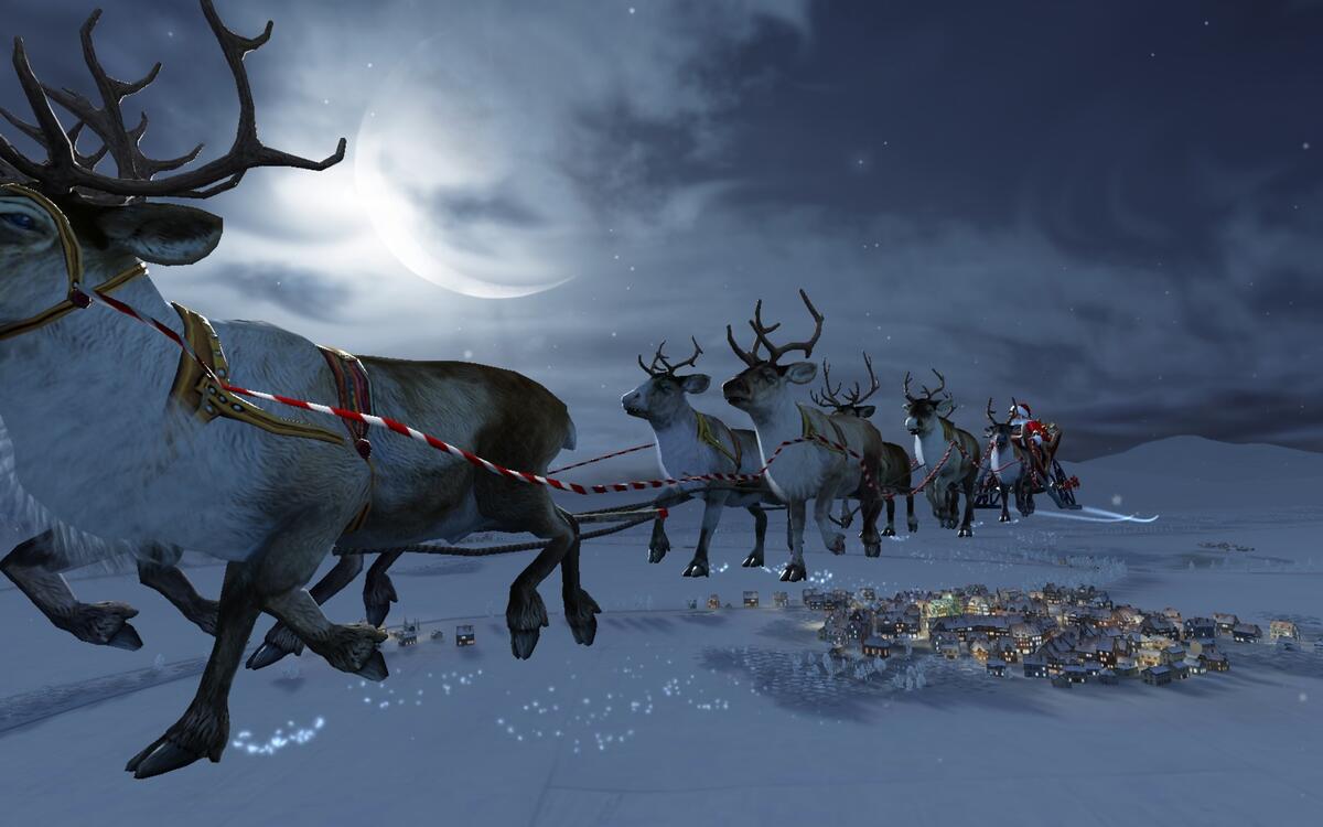 Reindeer with sleighs go through the sky