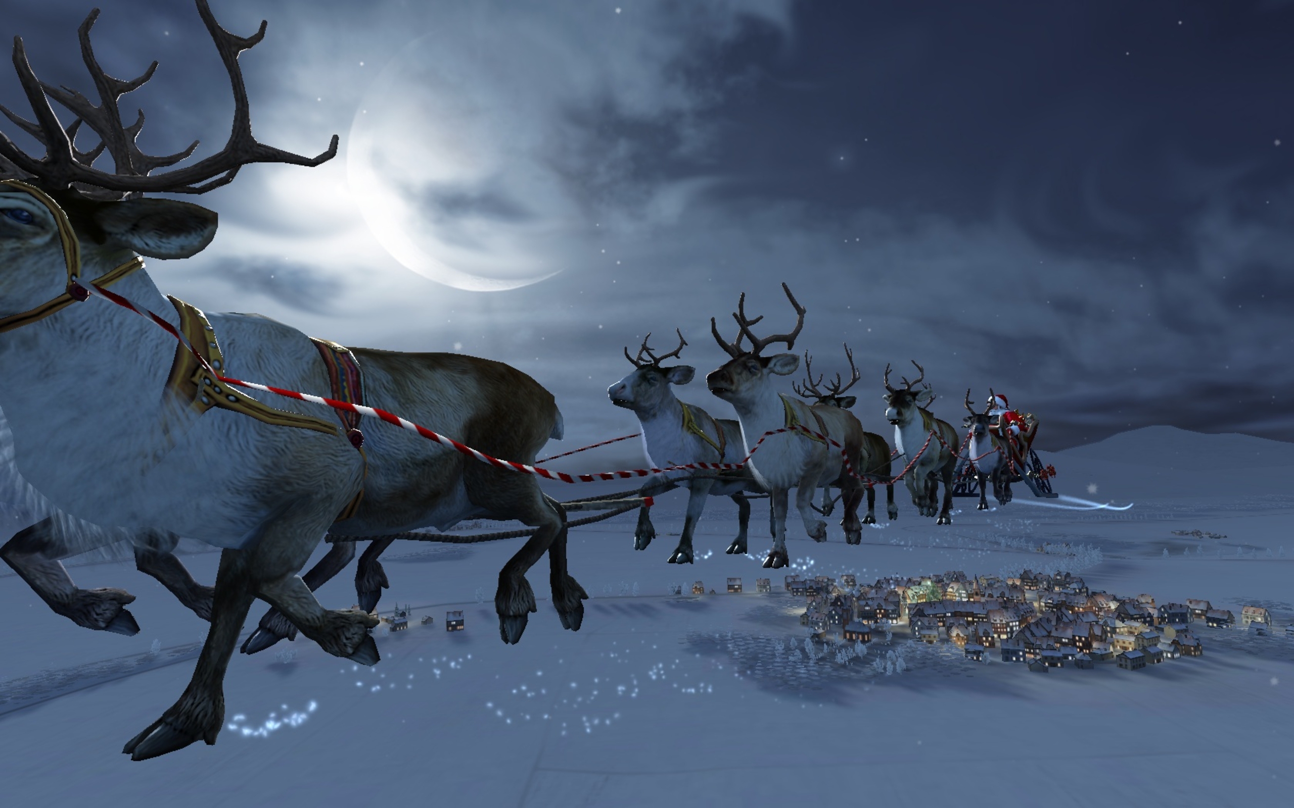 Free photo Reindeer with sleighs go through the sky