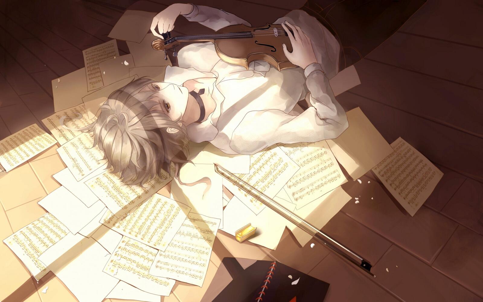 Обои мальчик скрипка листки на рабочий стол