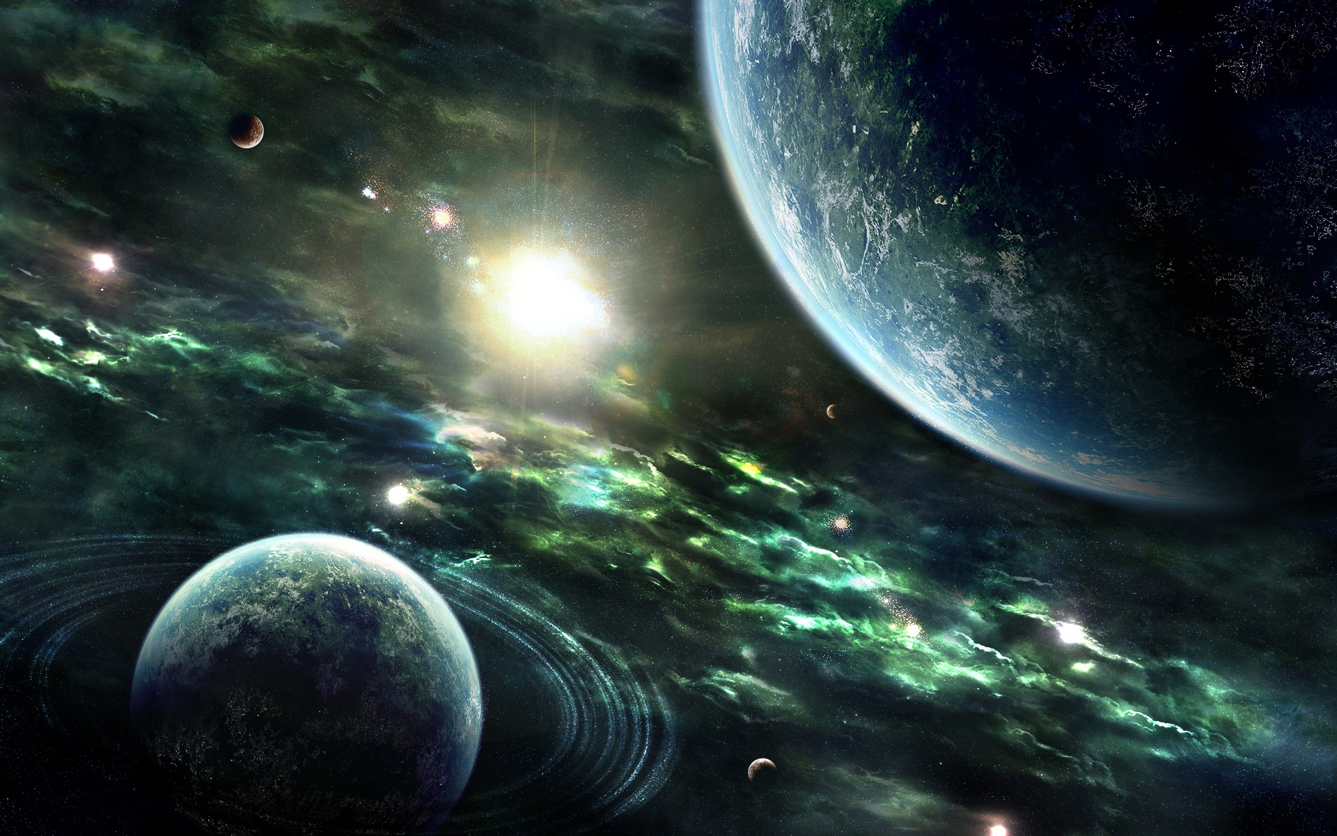Wallpapers a supernova explosion in the universe a planet a planet with rings on the desktop