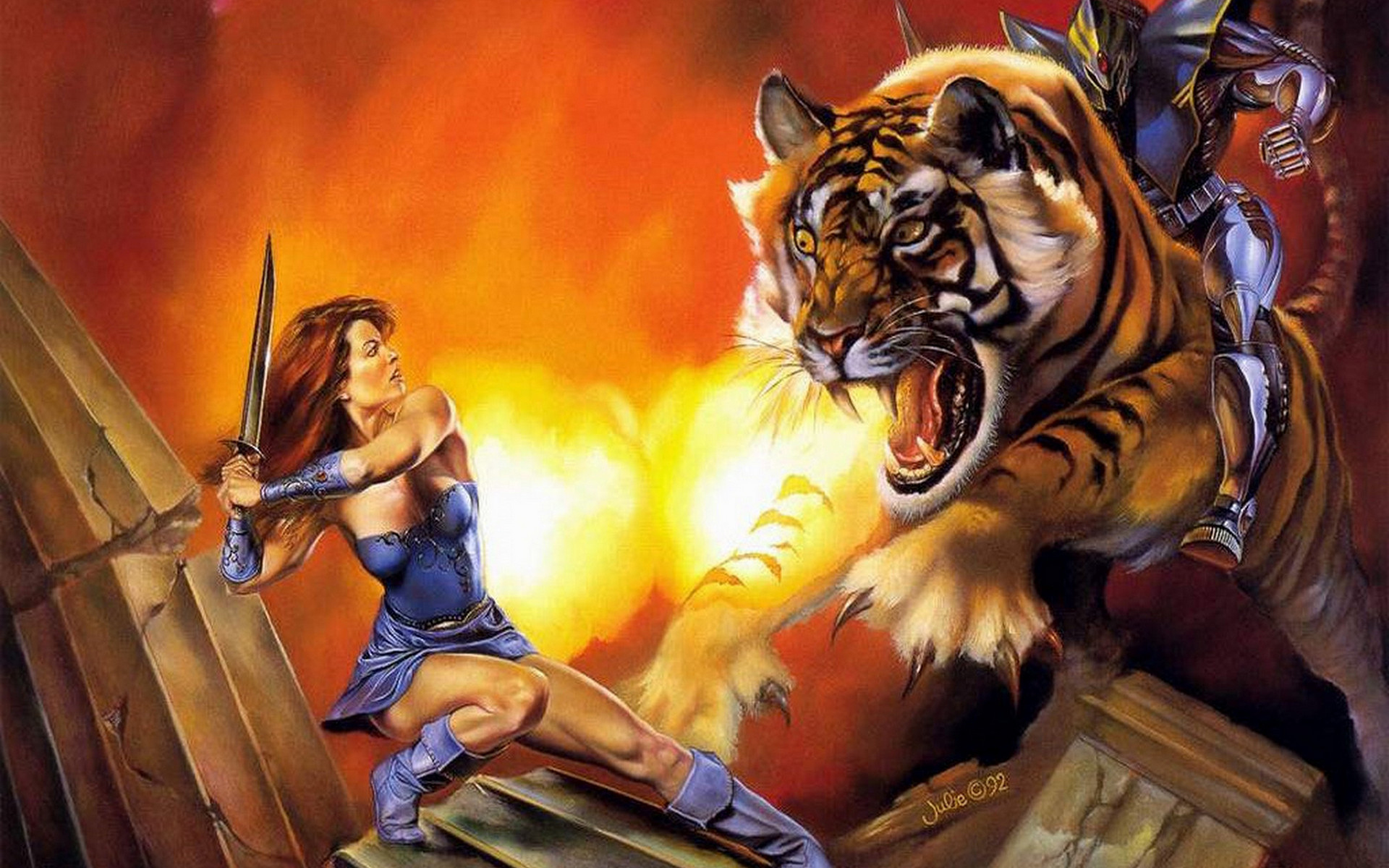 Фото бесплатно тигр, девушка, рыцарь