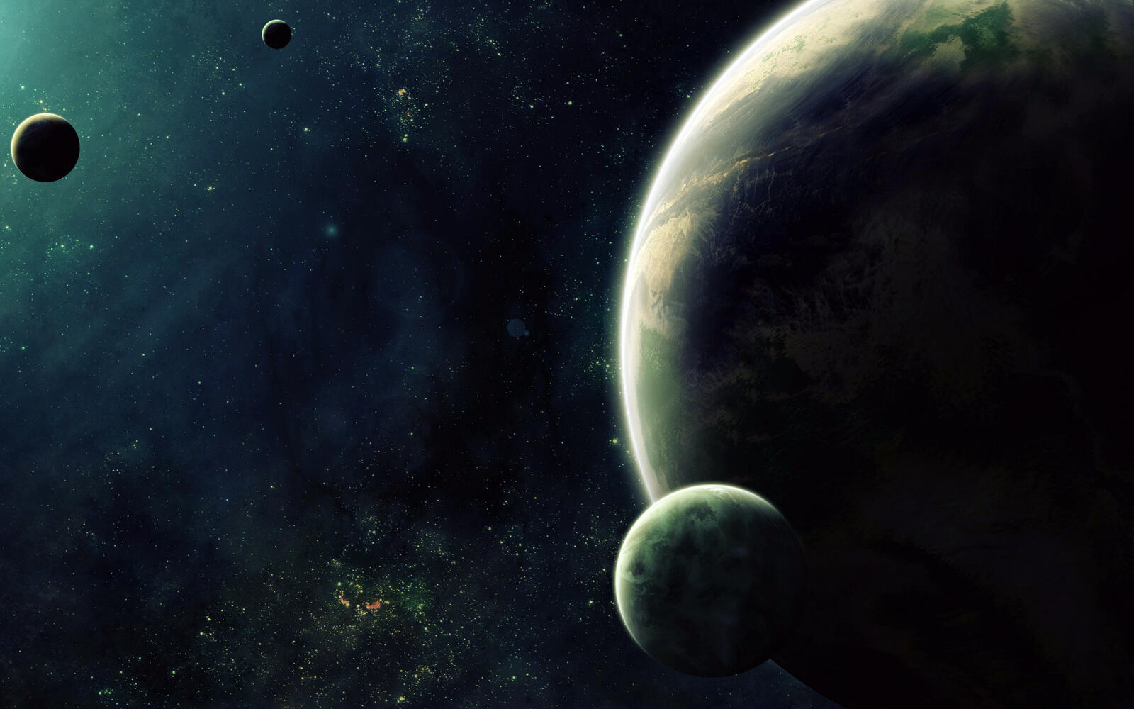 Wallpapers a green-quartz planet with three satellites the universe stars on the desktop