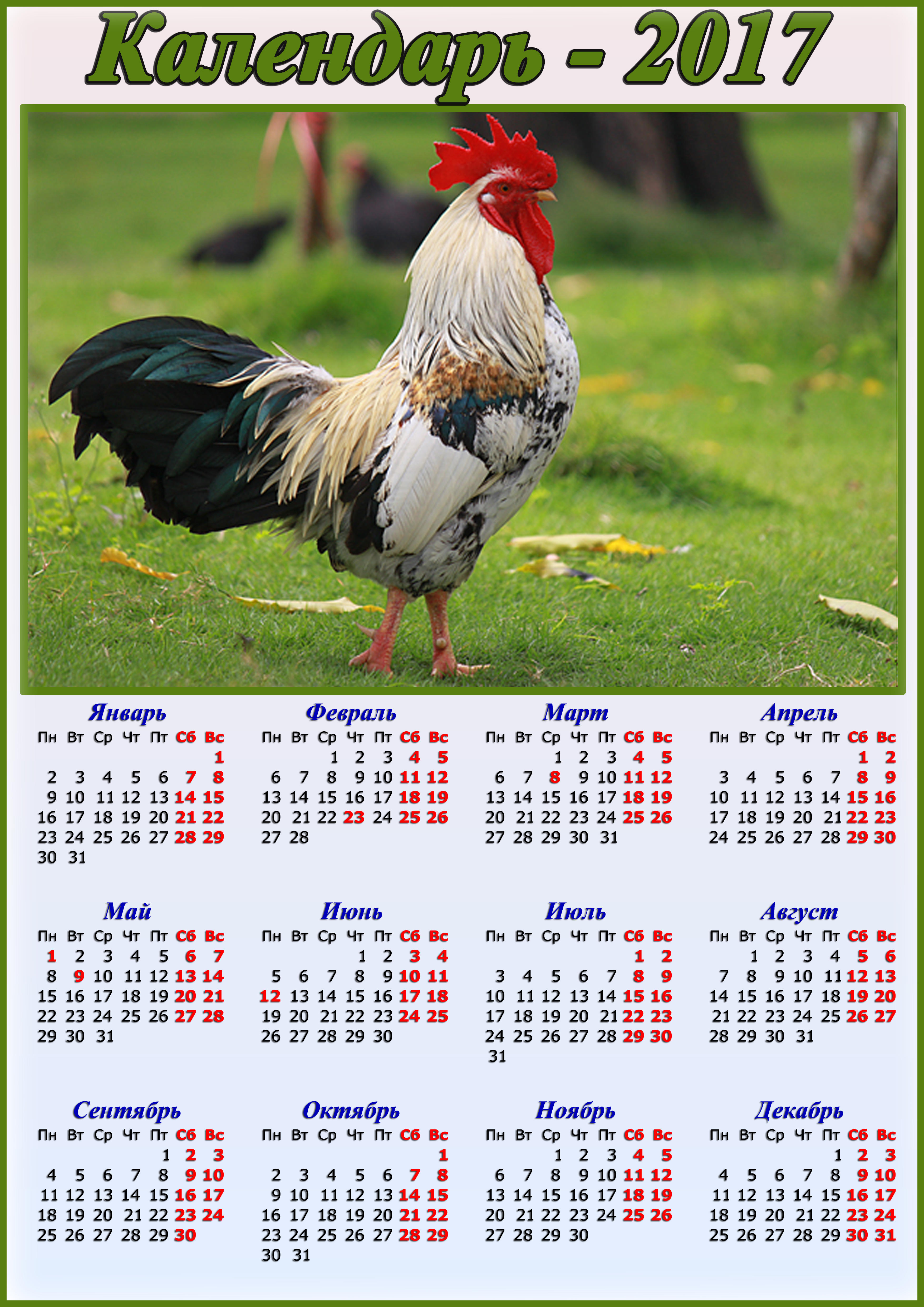 Фото бесплатно календарь на 2017 год, год петуха, календарь год петуха