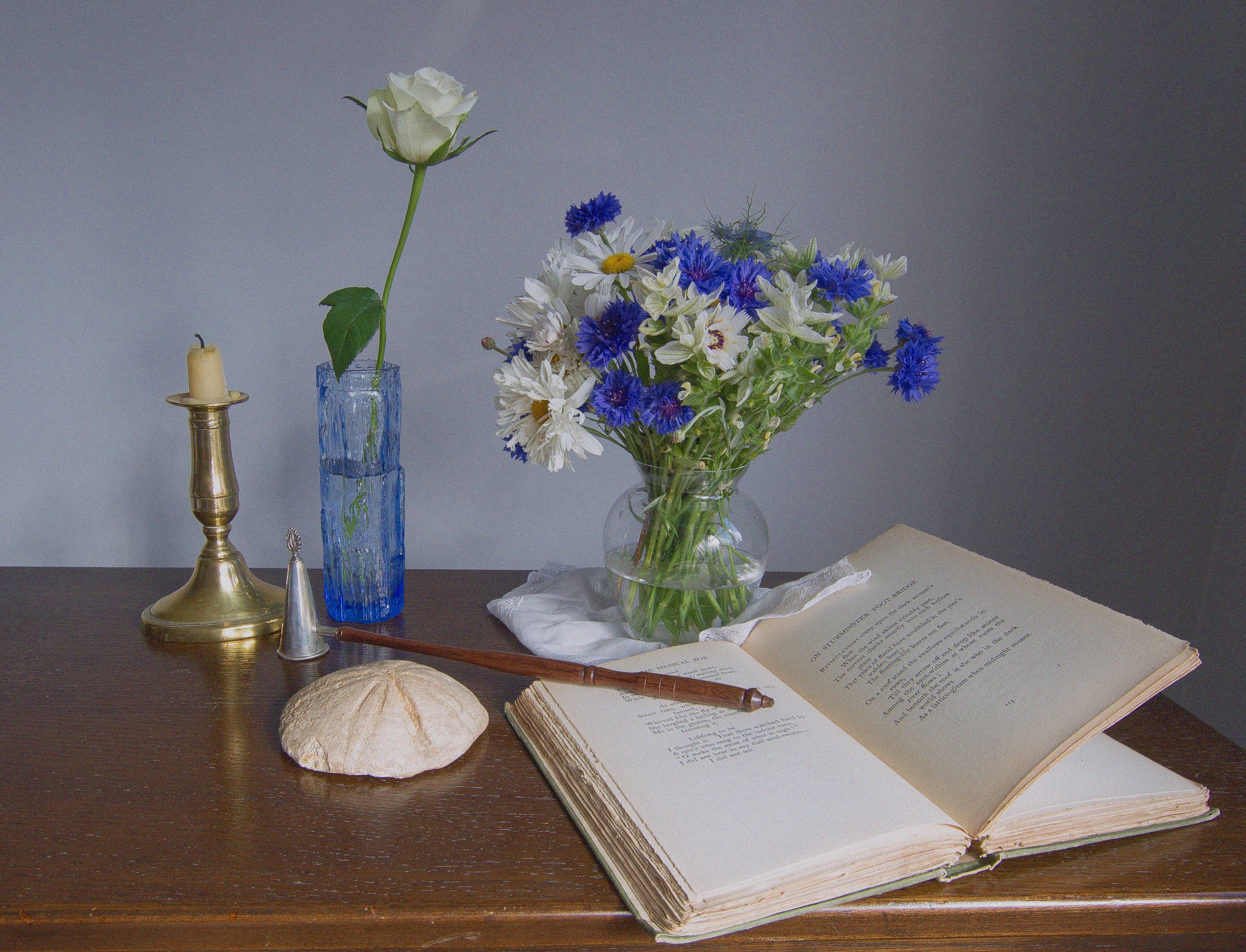 桌面上的壁纸图书 瓶 花束