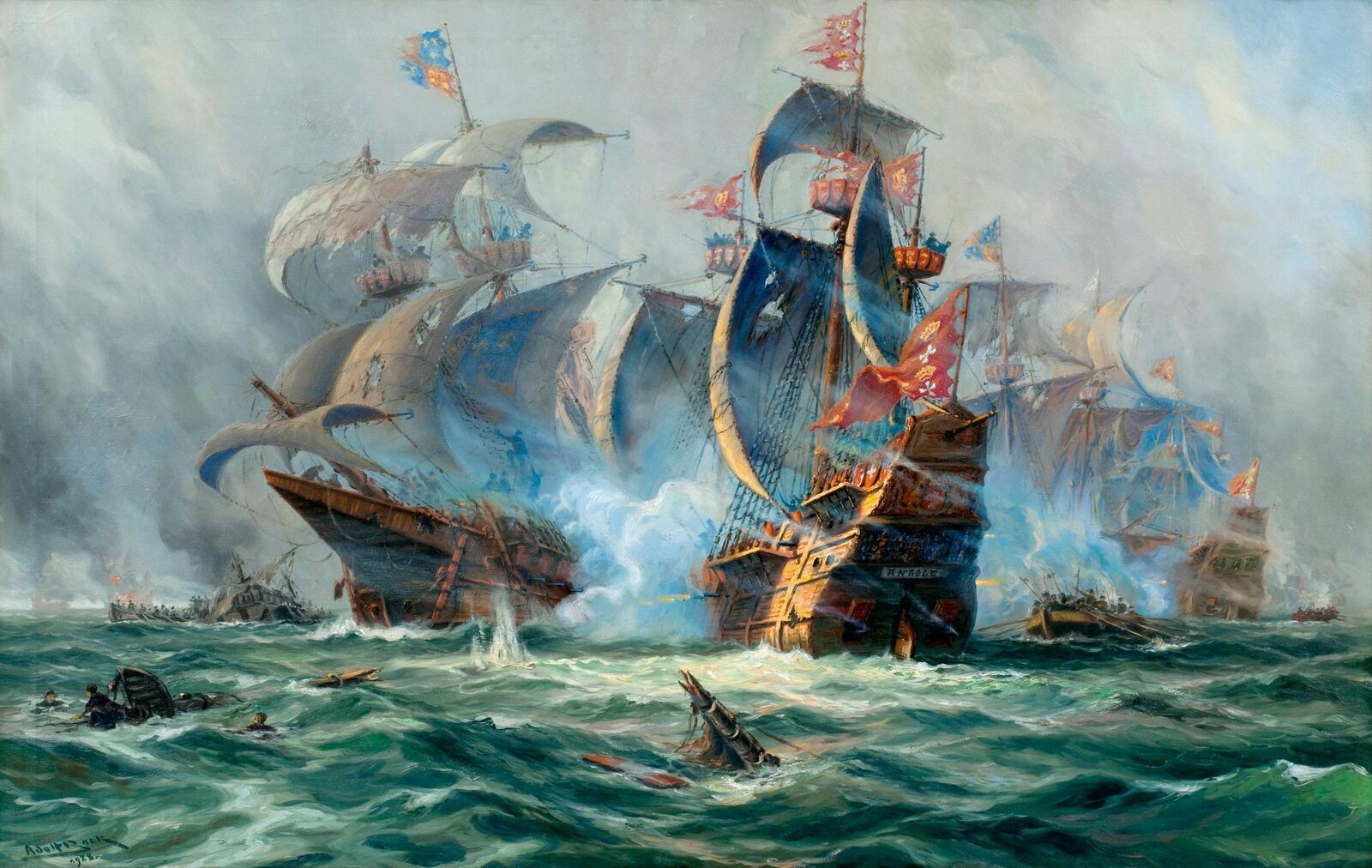 Обои живопись корабли сражение на рабочий стол