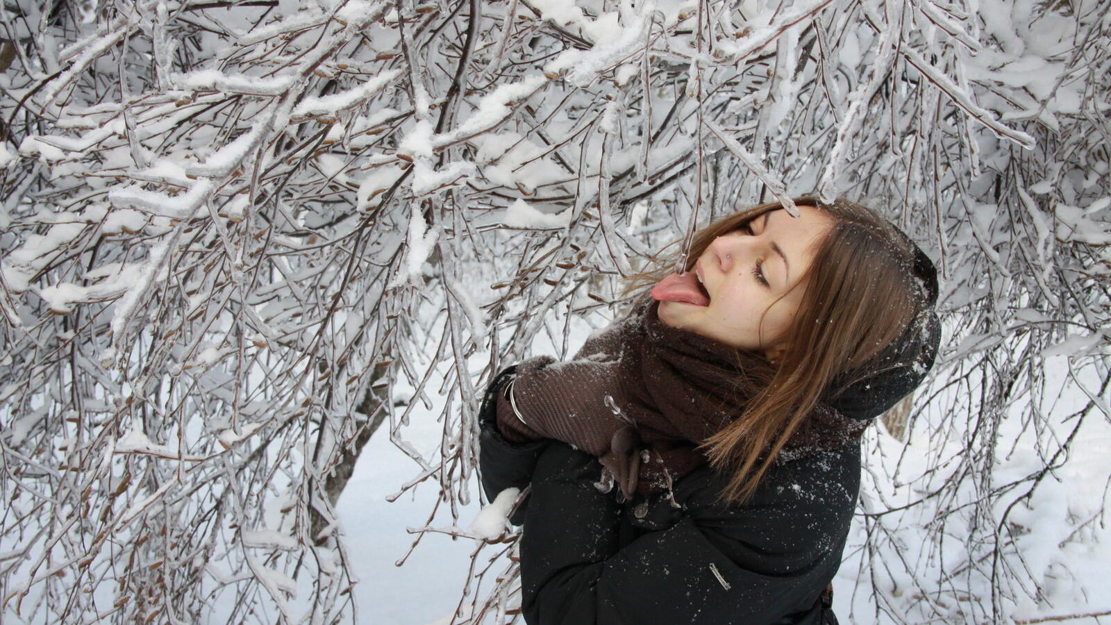 Бесплатное фото Темноволосая девушка в зимнем лесу