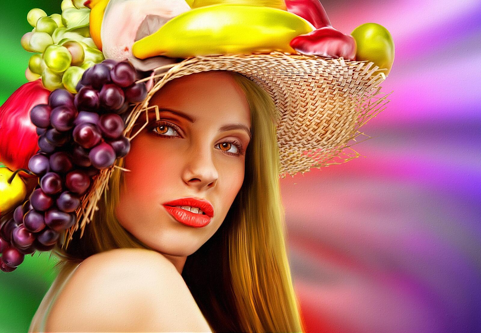 Wallpapers Girl with flowers and fruit portrait canvas on the desktop