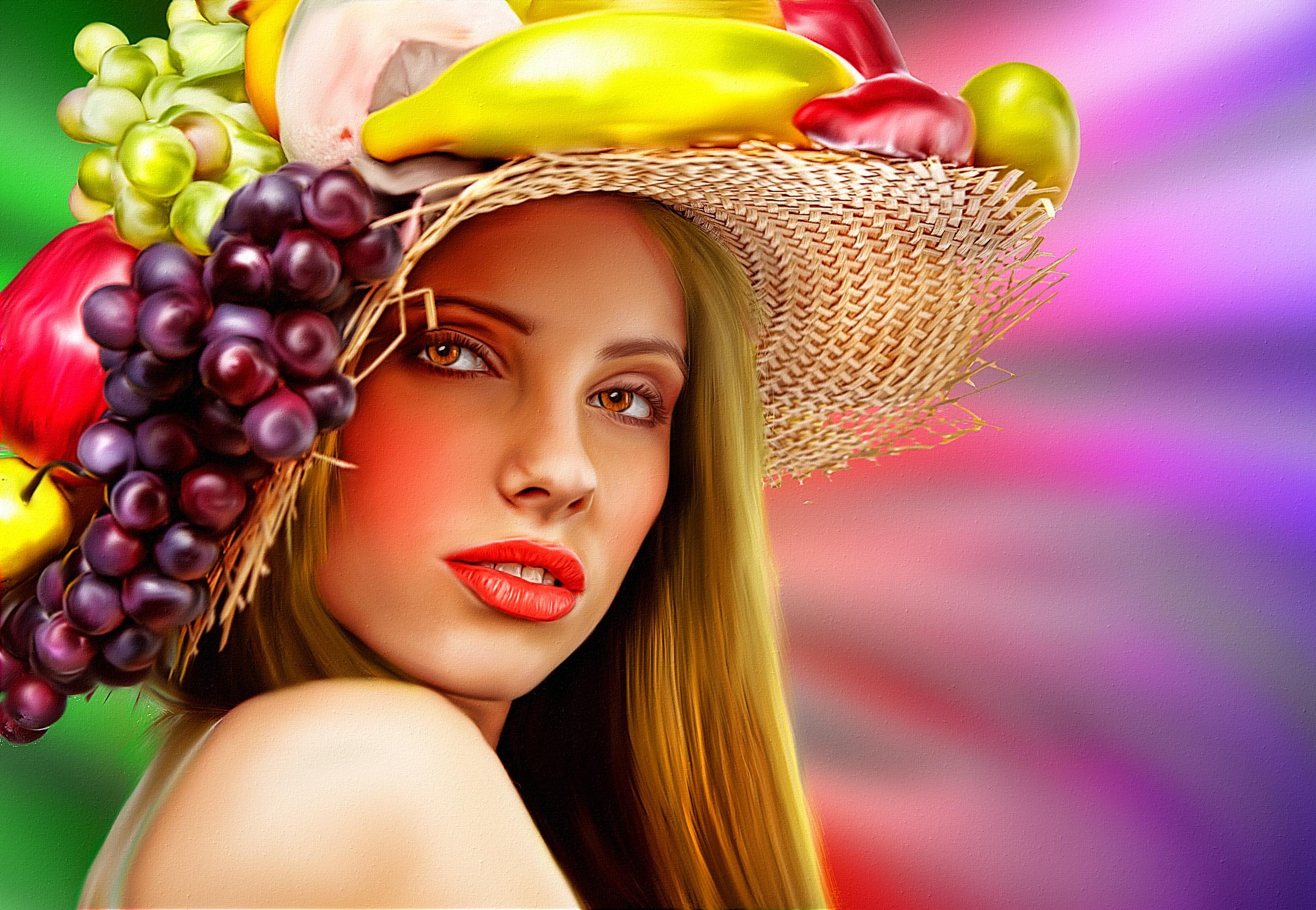 Photo free Girl with flowers and fruit, portrait, canvas