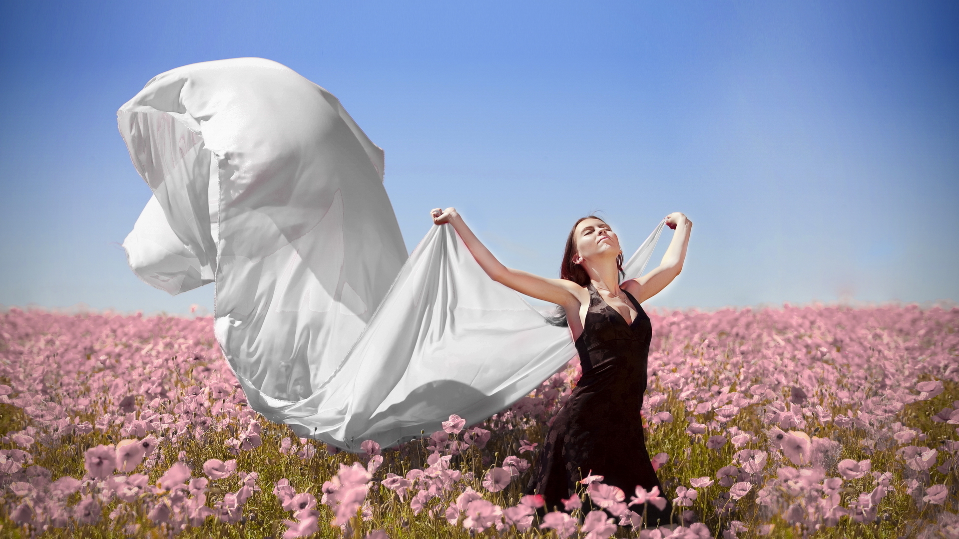 Бесплатное фото Красивая девушка в черном платье позирует в большом поле с розовыми цветами