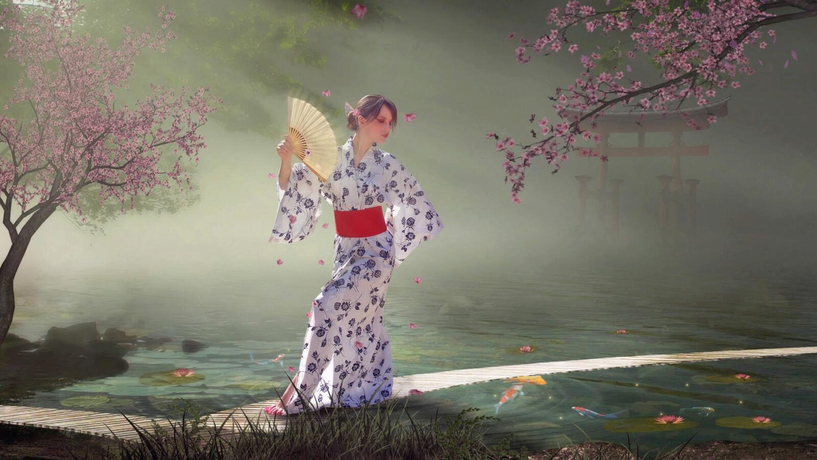 Обои девушка китаянка кимоно. платье на рабочий стол