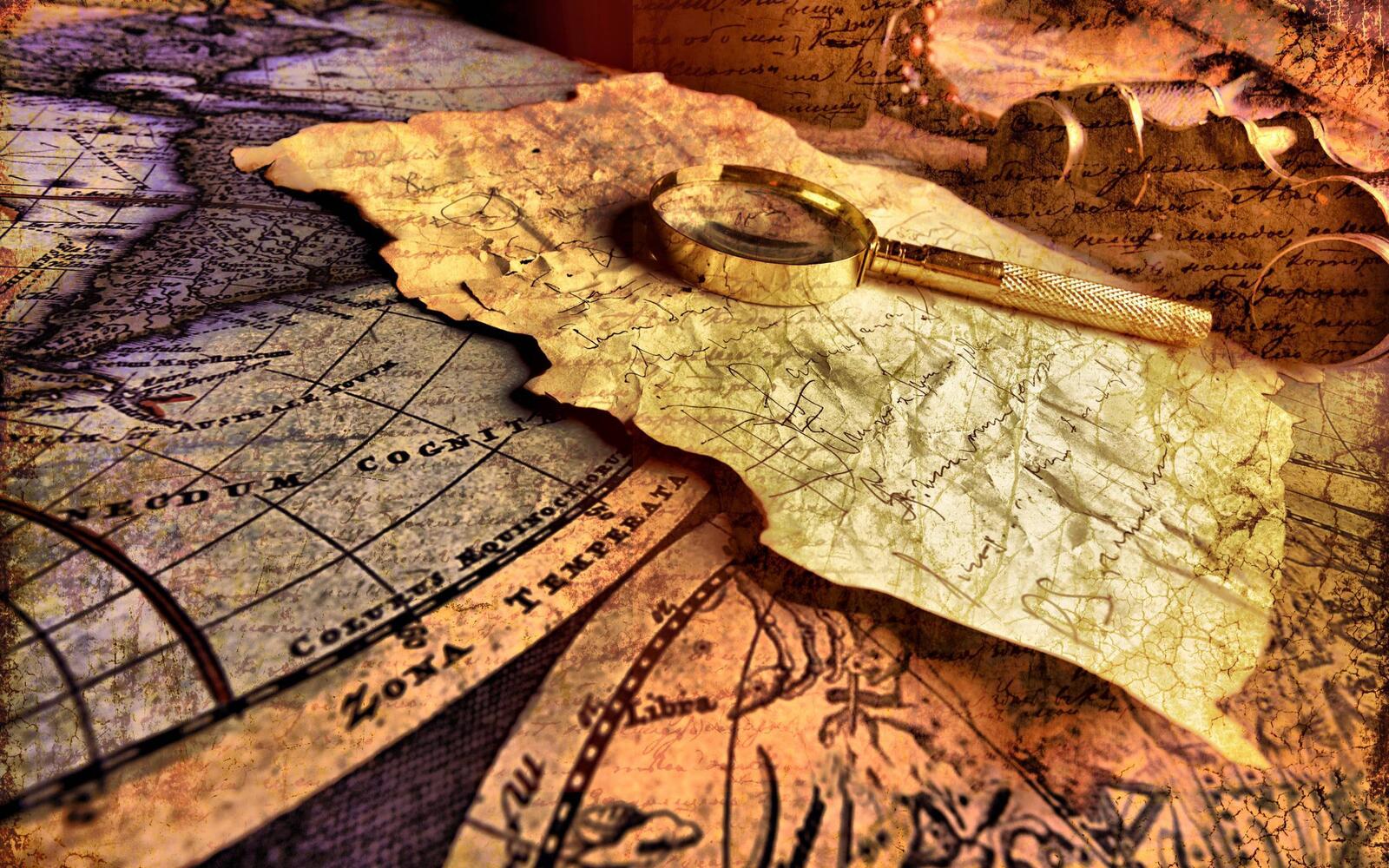 桌面上的壁纸古代地图 纸莎草 镀金放大镜