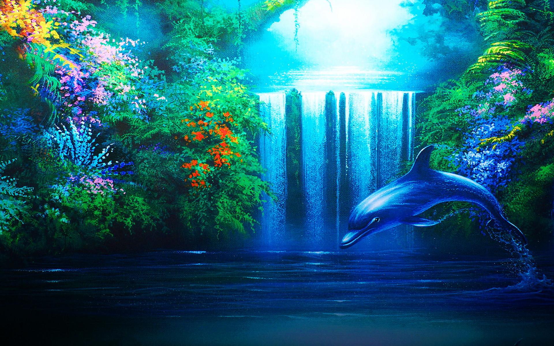 Обои картина дельфин водопад на рабочий стол