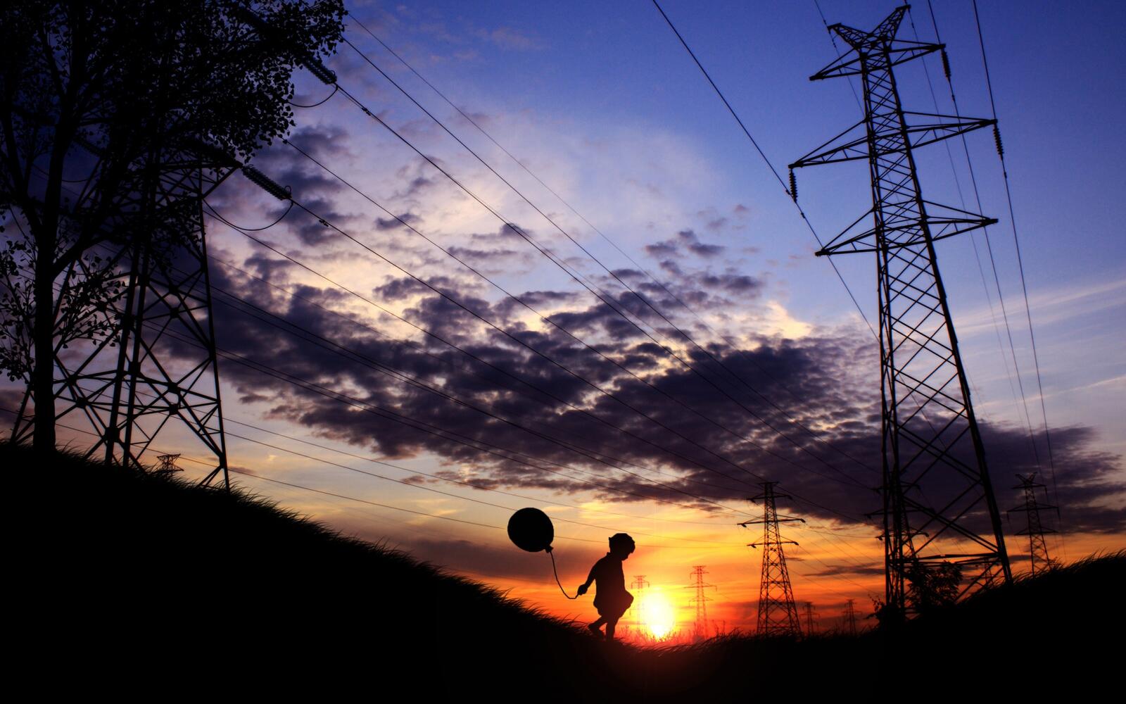 Wallpapers wires sunset child on the desktop