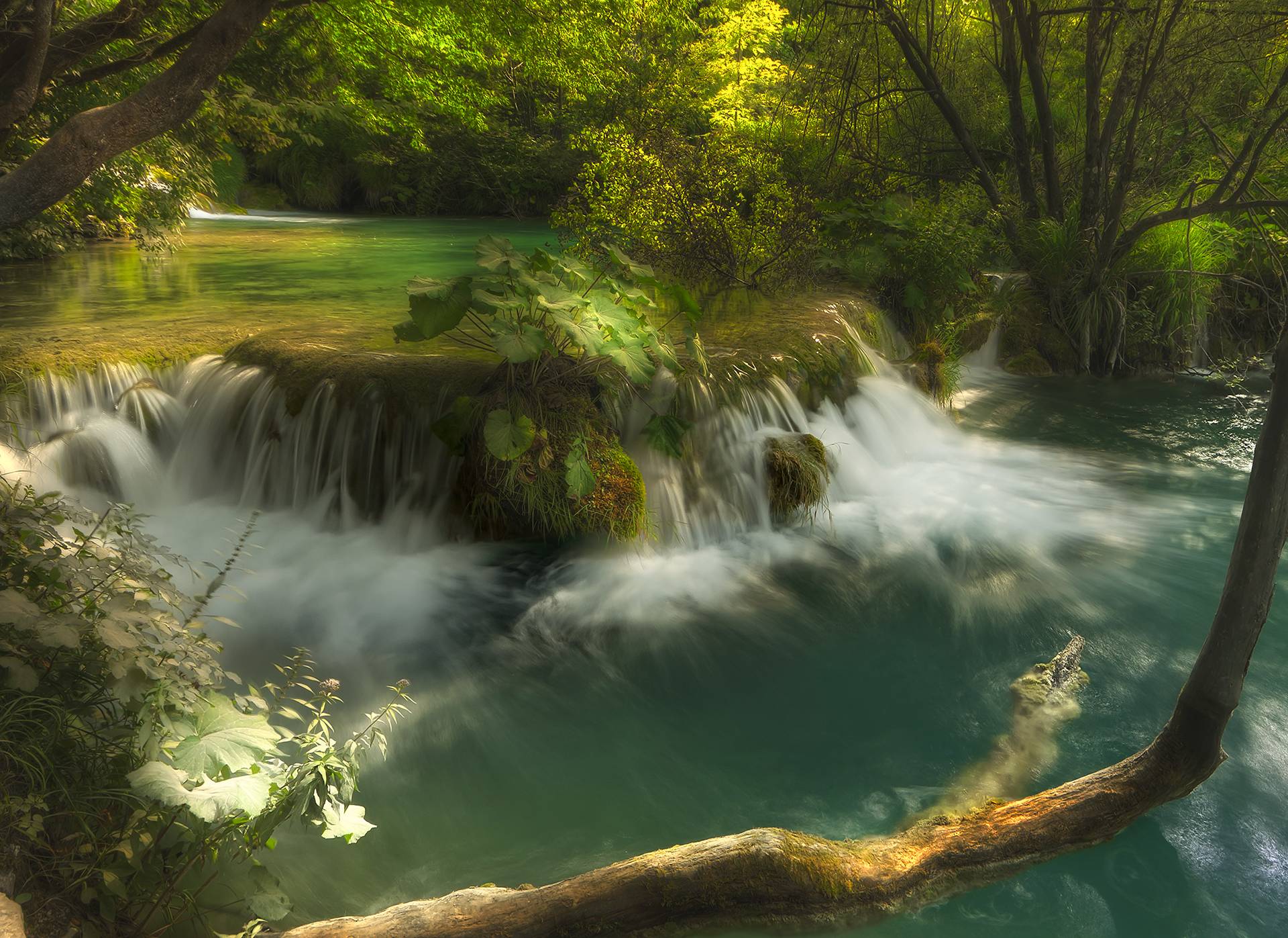 Обои национальный парк Плитвицкие озера водопад в лесу Хорватия на рабочий стол