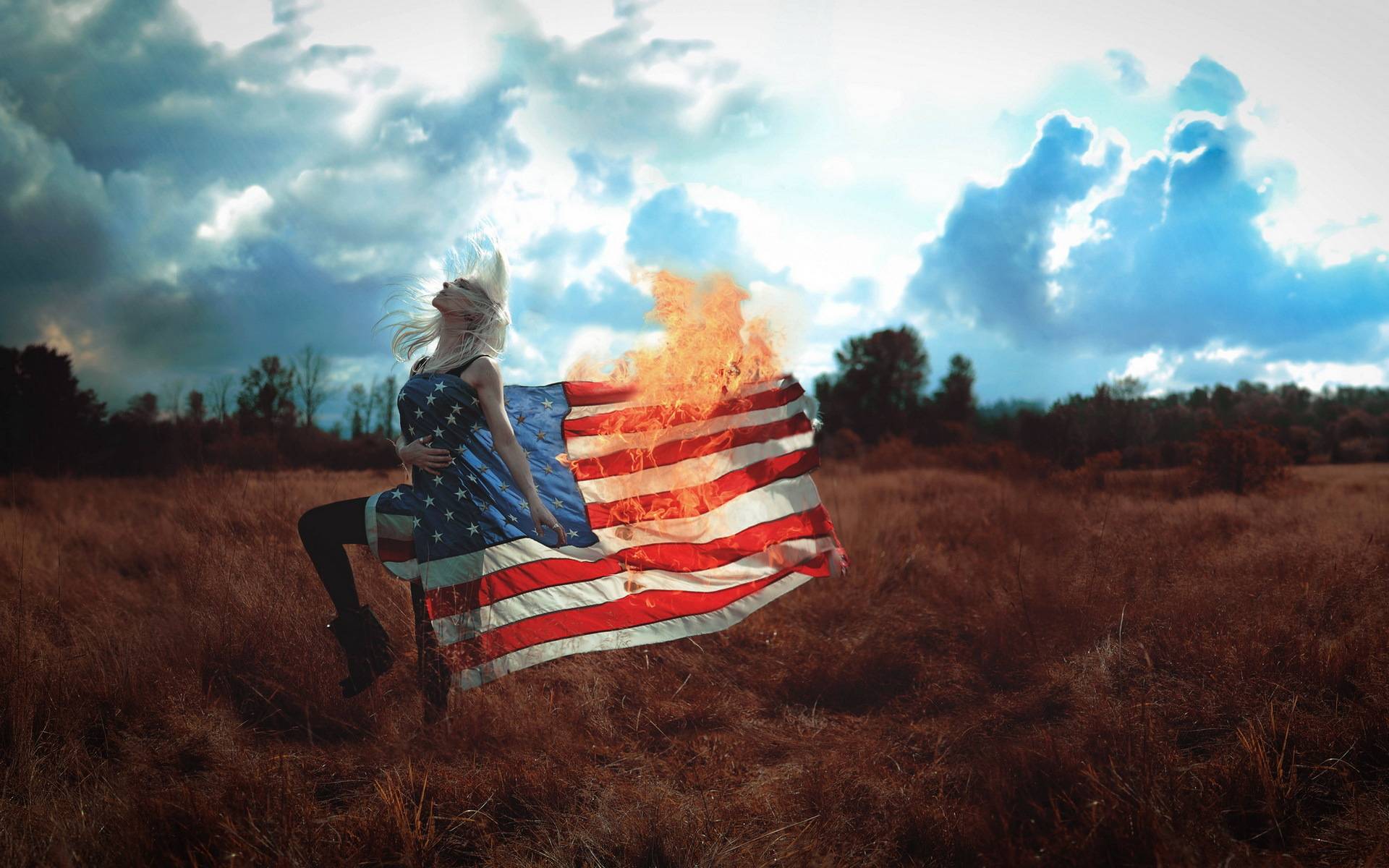 Wallpapers girl burning US flag flag of America on the desktop