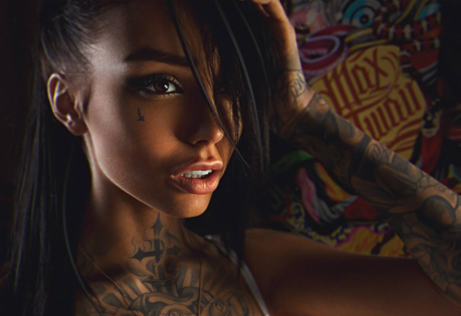 Wallpapers girl tattoos brown-haired dark-skinned on the desktop