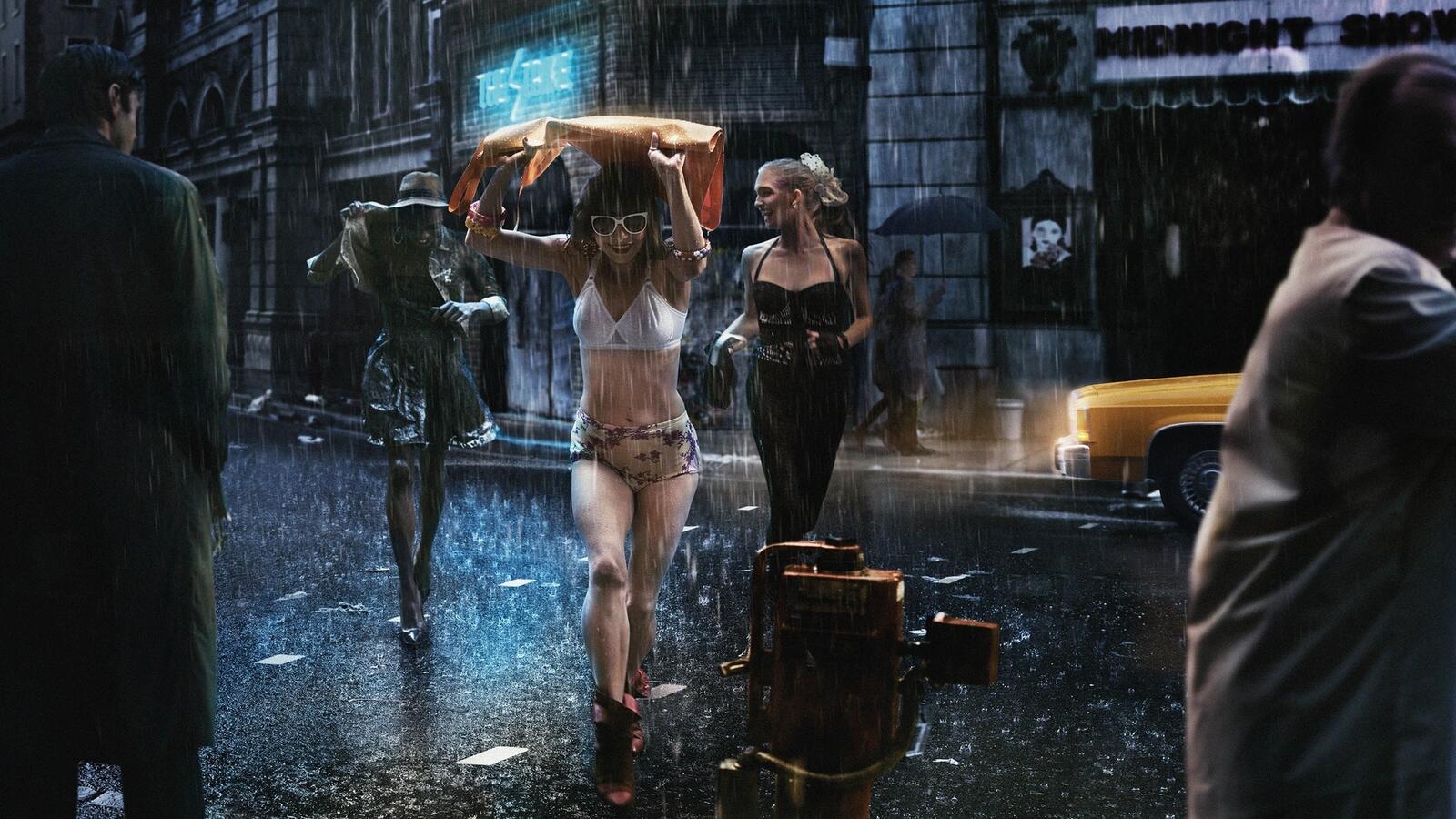 Wallpapers girls rain street on the desktop