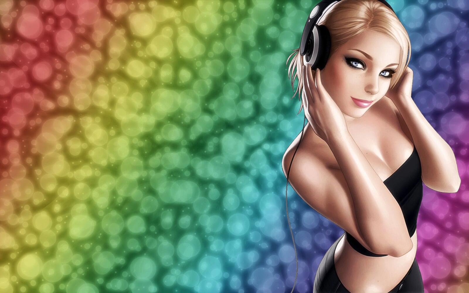 Wallpapers girl with headphones blonde musical rainbow on the desktop