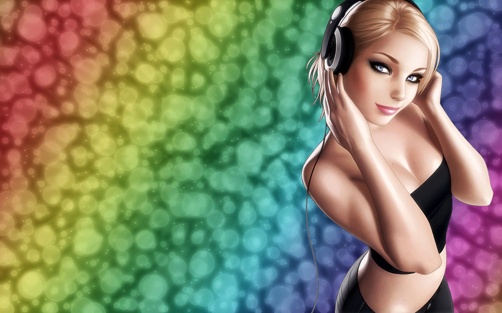 Photo free girl with headphones, blonde, musical rainbow