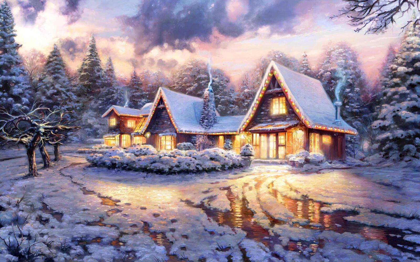 Wallpapers fairy-tale New Year s house garlands snow on the desktop