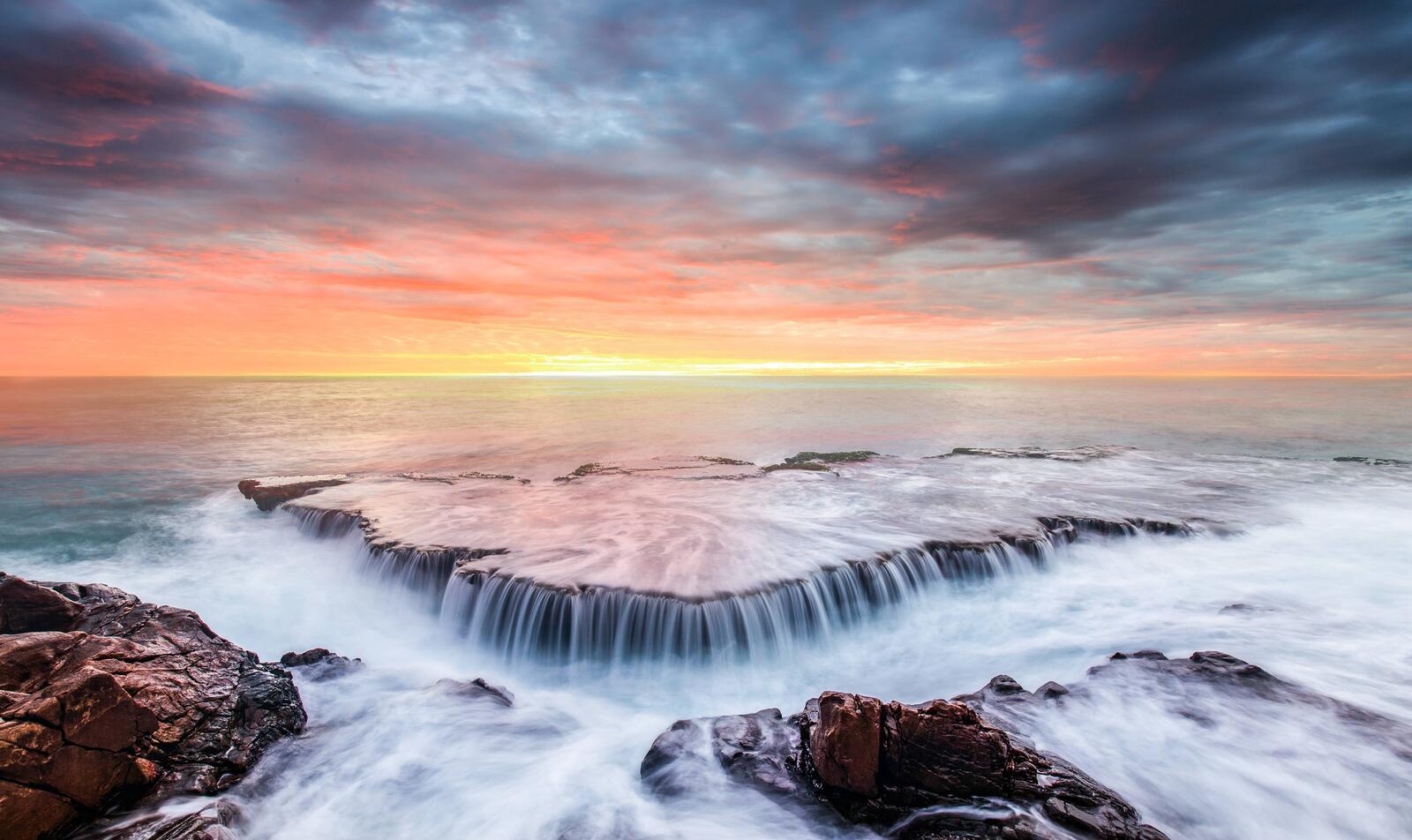 Wallpapers waterfall shore sunset on the desktop