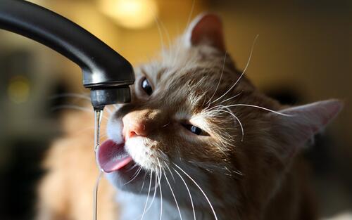 Red cat drinks from the tap