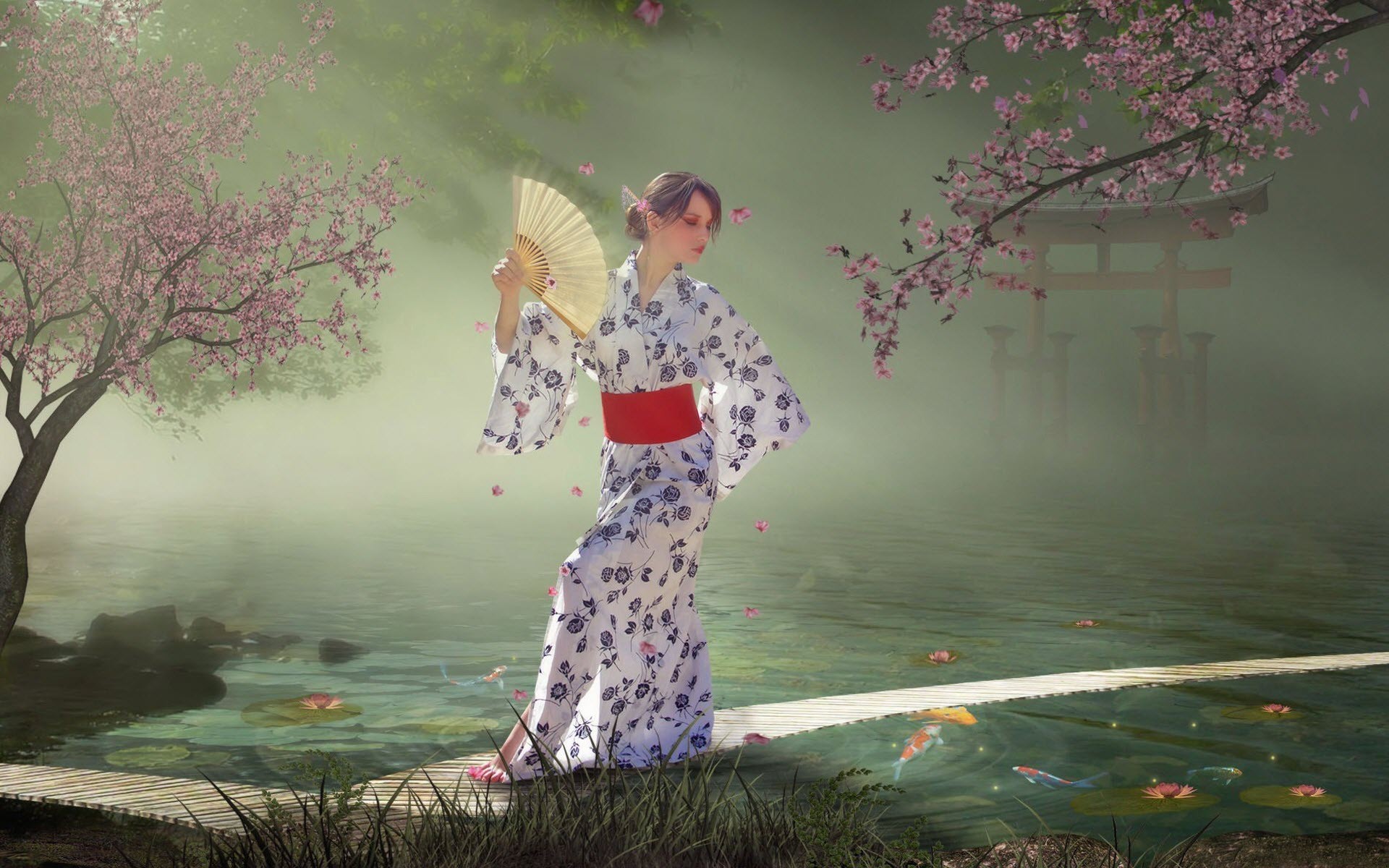 Wallpapers geisha grass fan on the desktop