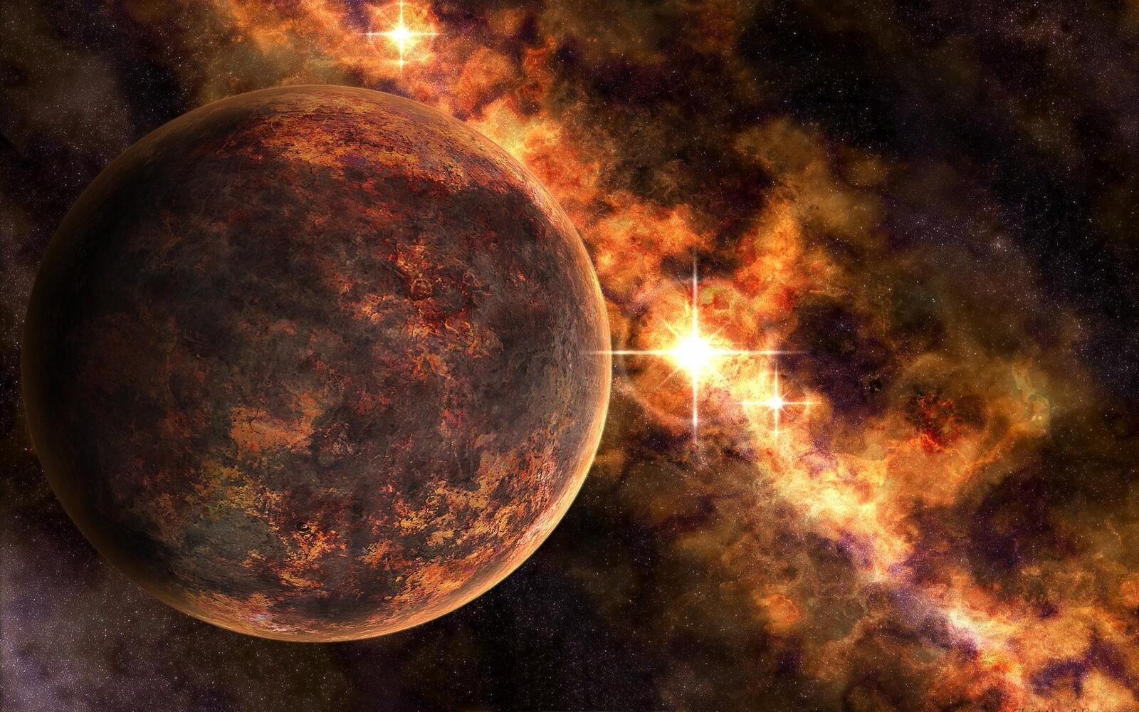 Обои каменистая планета звезды туманность на рабочий стол