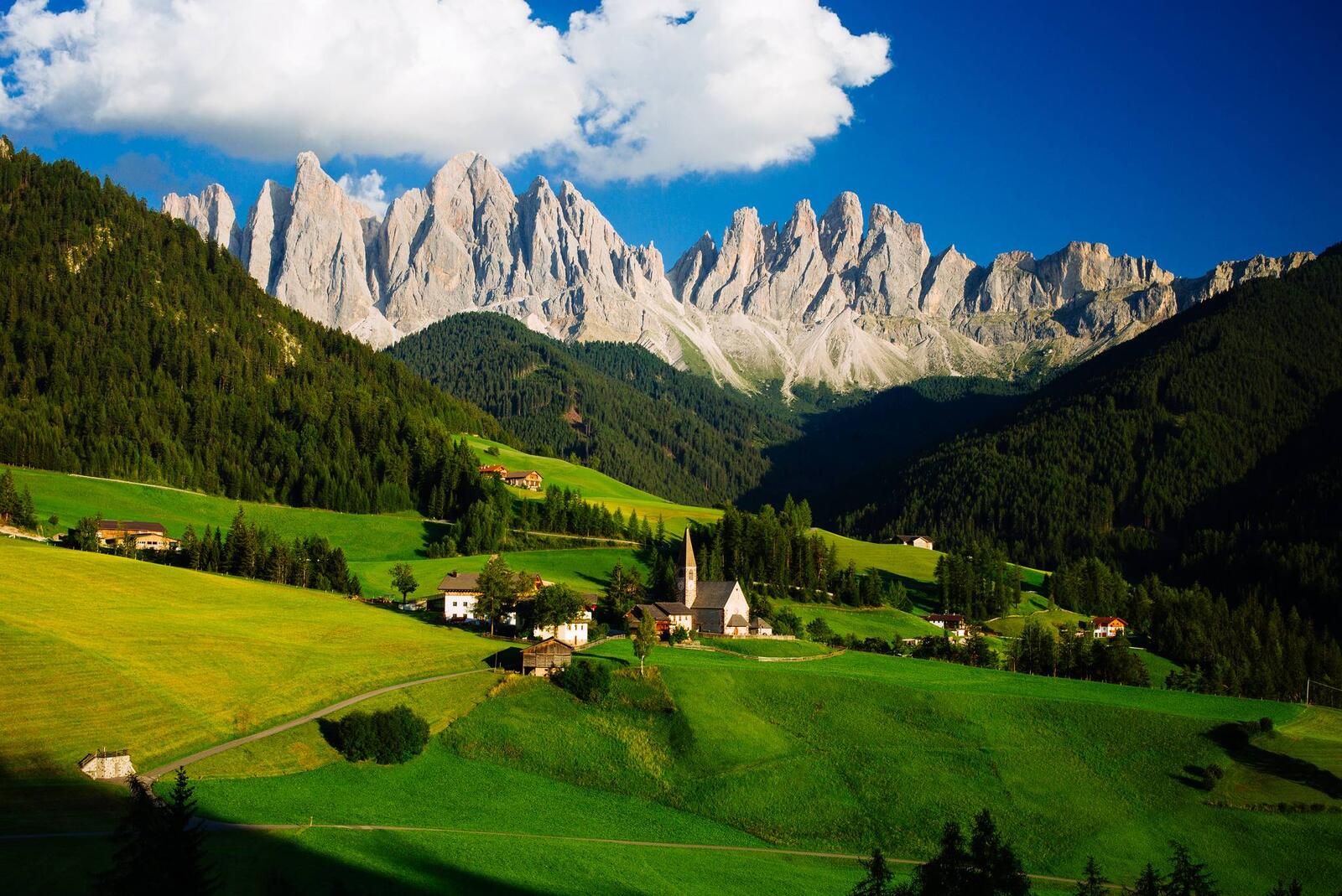 Wallpapers fields The St Johann Church in the Dolomites of Italy Alps on the desktop
