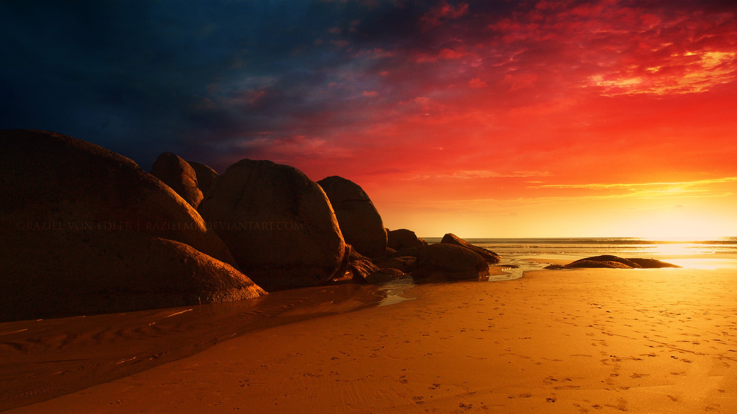 природа небо огненное восход пляж море камни побережье скачать