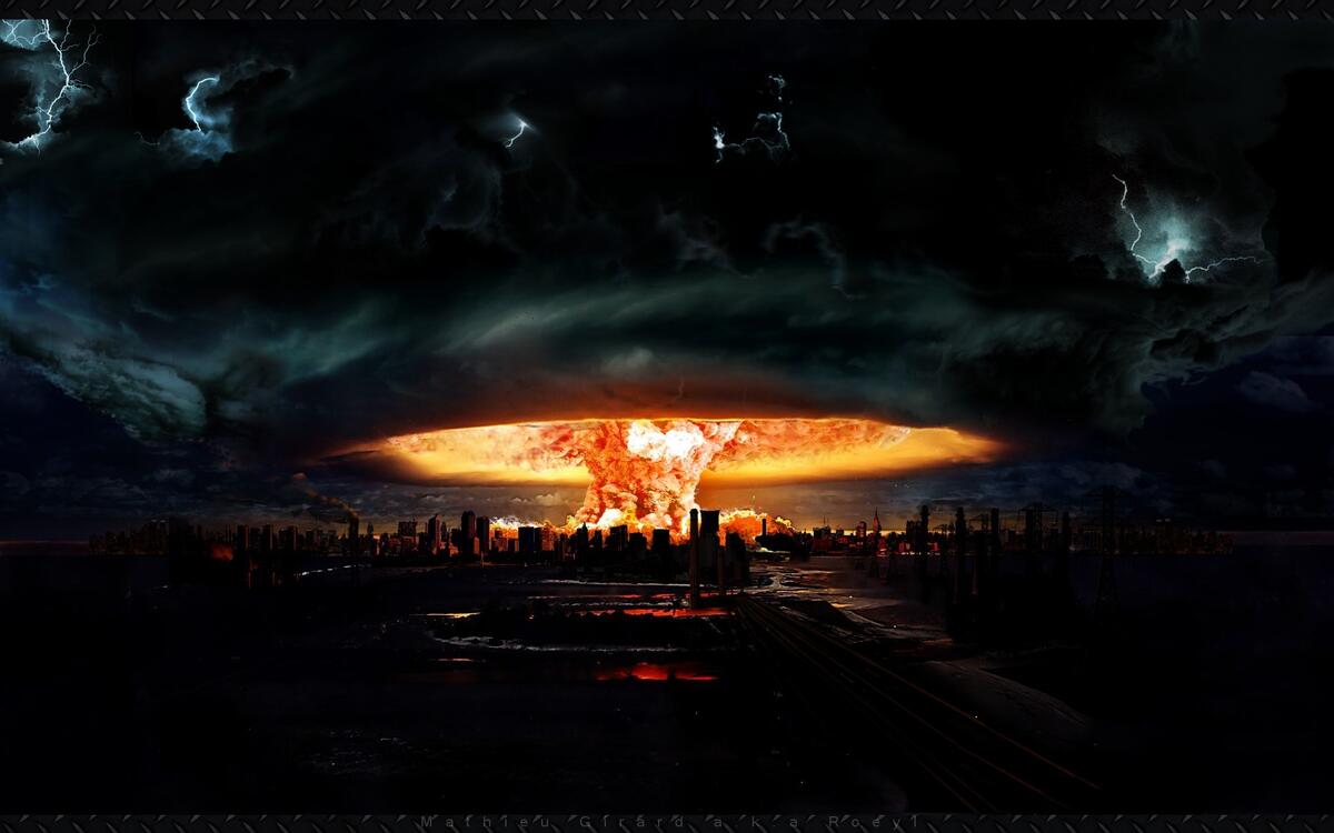城市原子弹爆炸产生的尘埃在空中形成蘑菇状