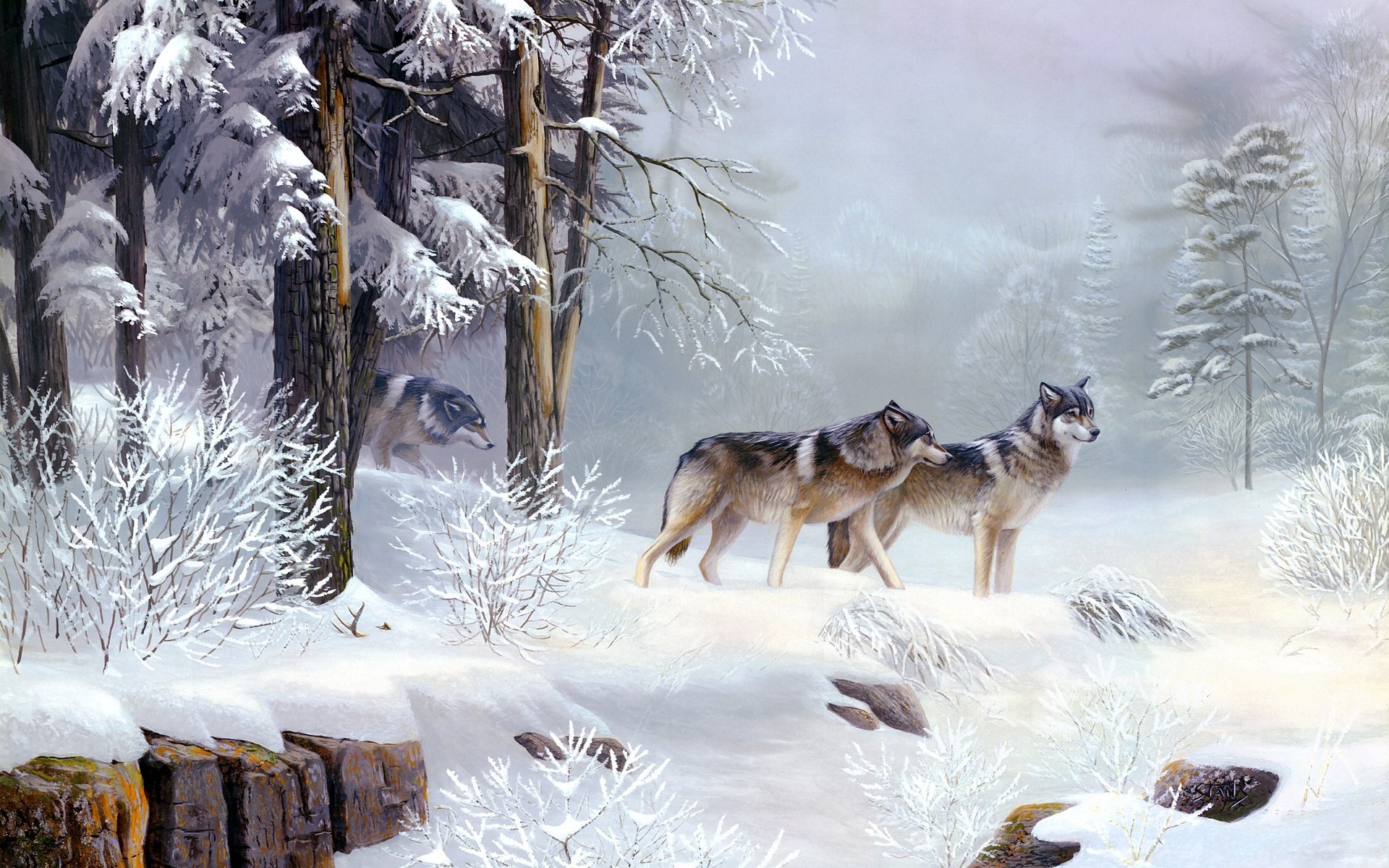 Обои волки стая зима на рабочий стол