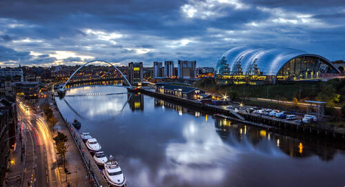Newcastle-upon-Tyne in the evening.