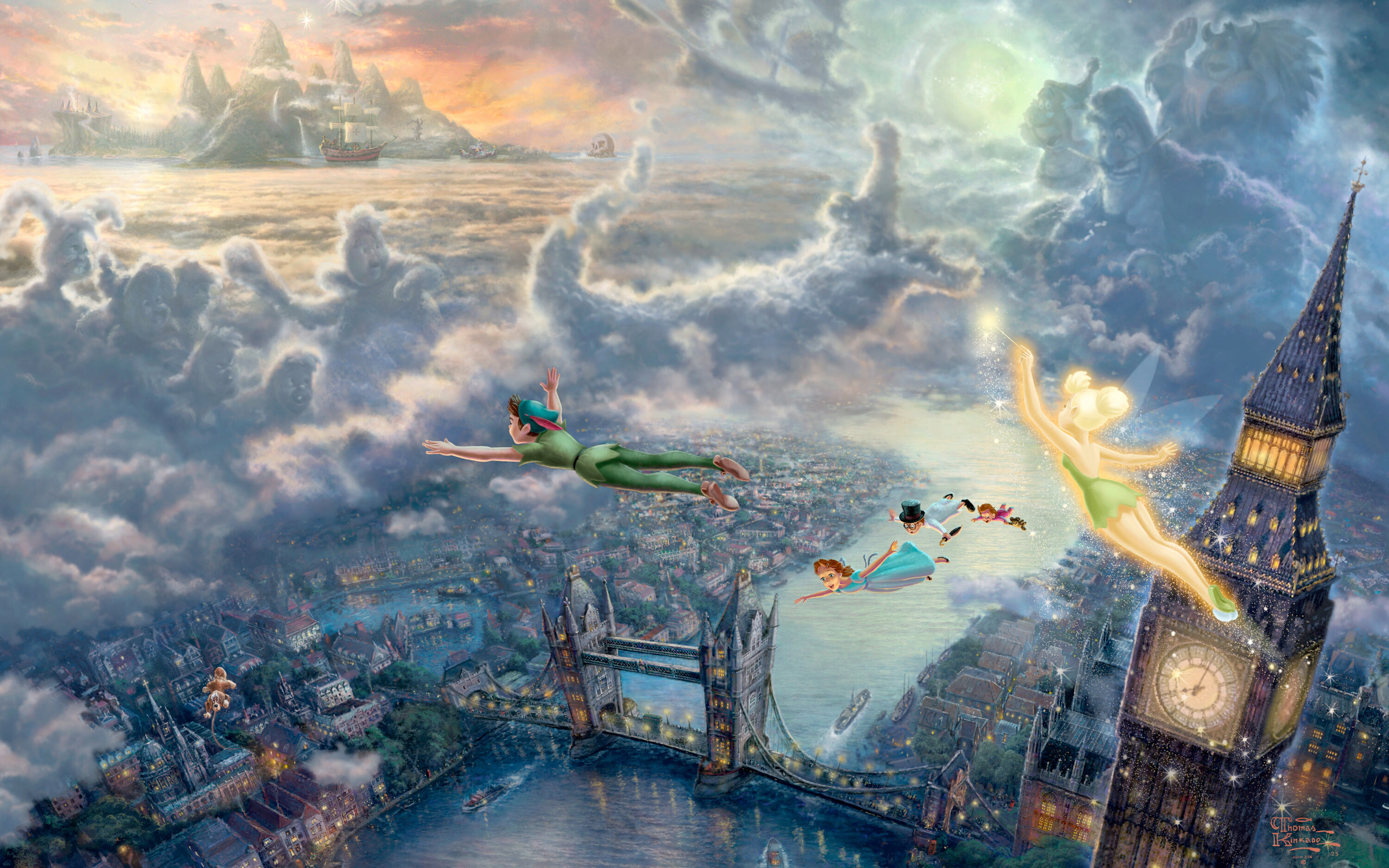 桌面上的壁纸迪斯尼梦幻系列 托马斯-金凯德 小叮当和彼得潘飞往梦幻岛