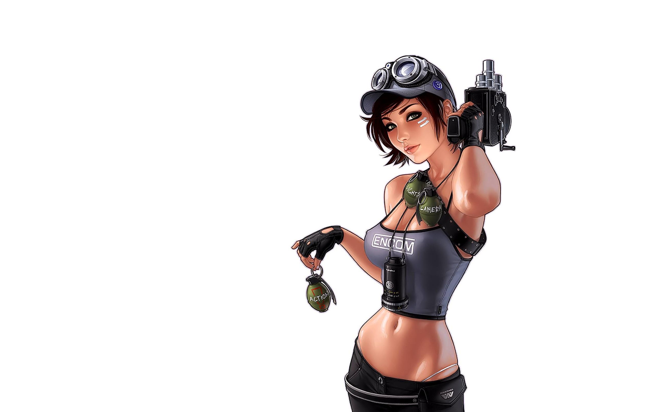Photo free girl with a grenade and a photo-gun, cap, glasses