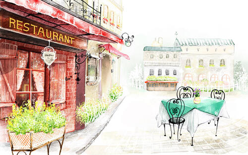 Drawing of a restaurant on the street