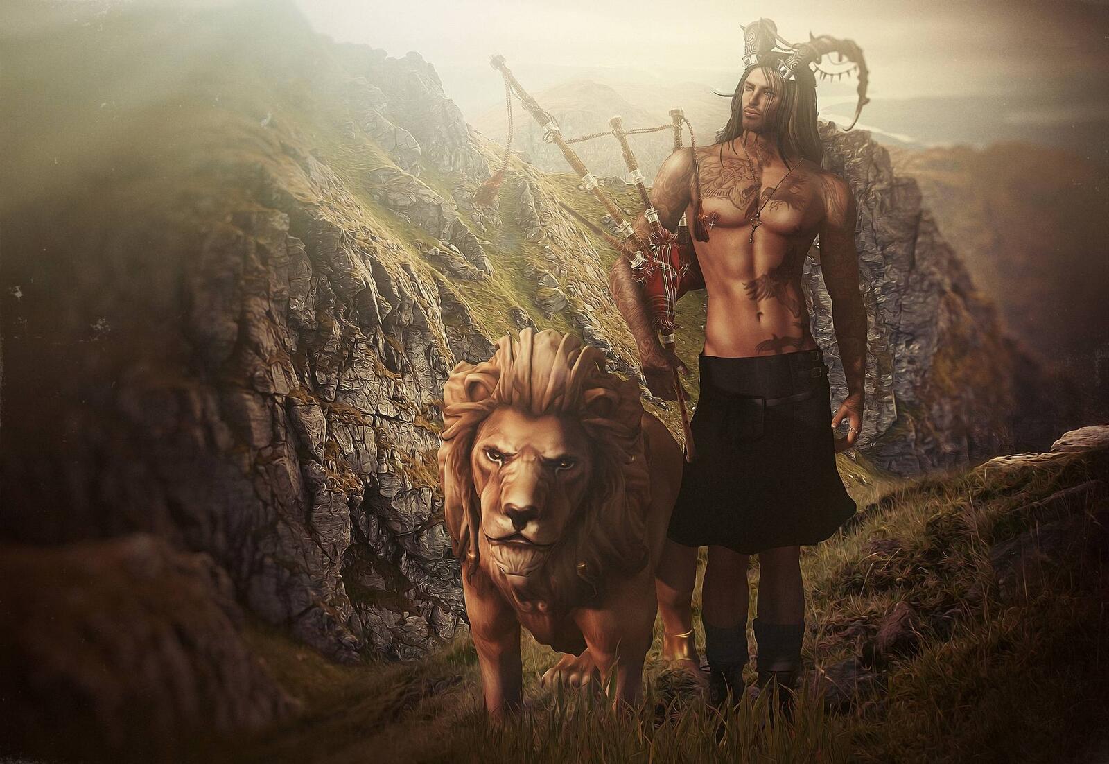 Wallpapers guy bagpipe lion on the desktop