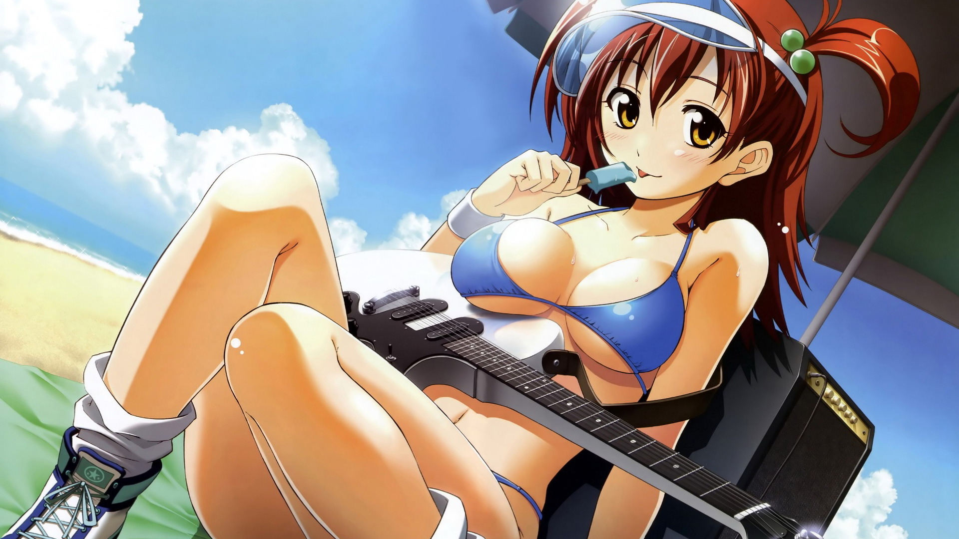 Free photo Anime girl with a guitar in a blue leotard