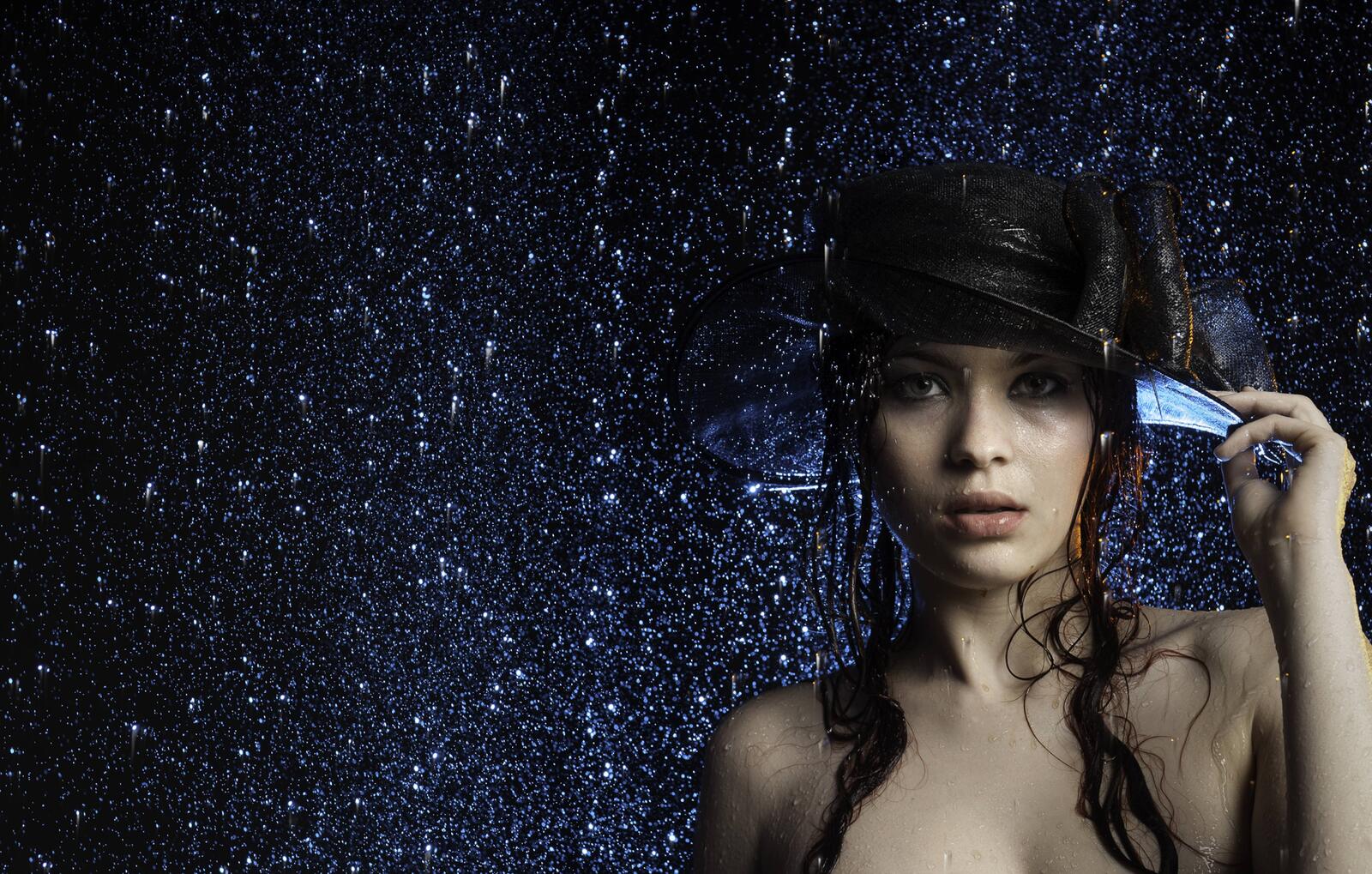 Wallpapers hat model girl in the rain on the desktop