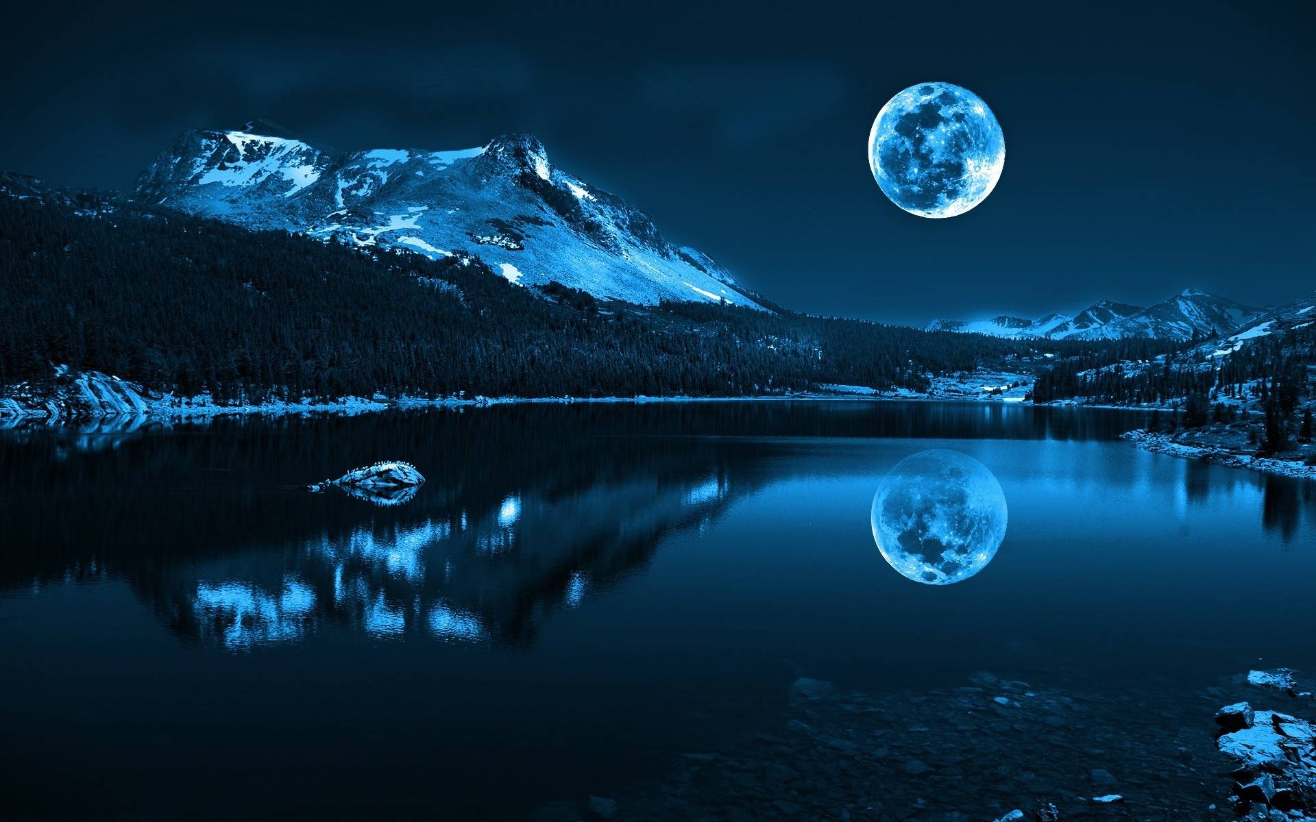 Обои озеро ночь большая Луна на рабочий стол