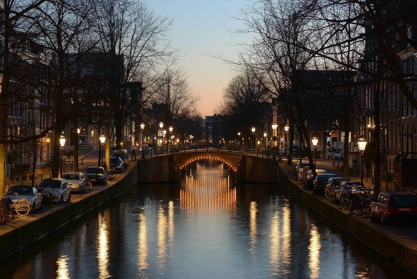 Обои панорама Амстердам ночь на рабочий стол