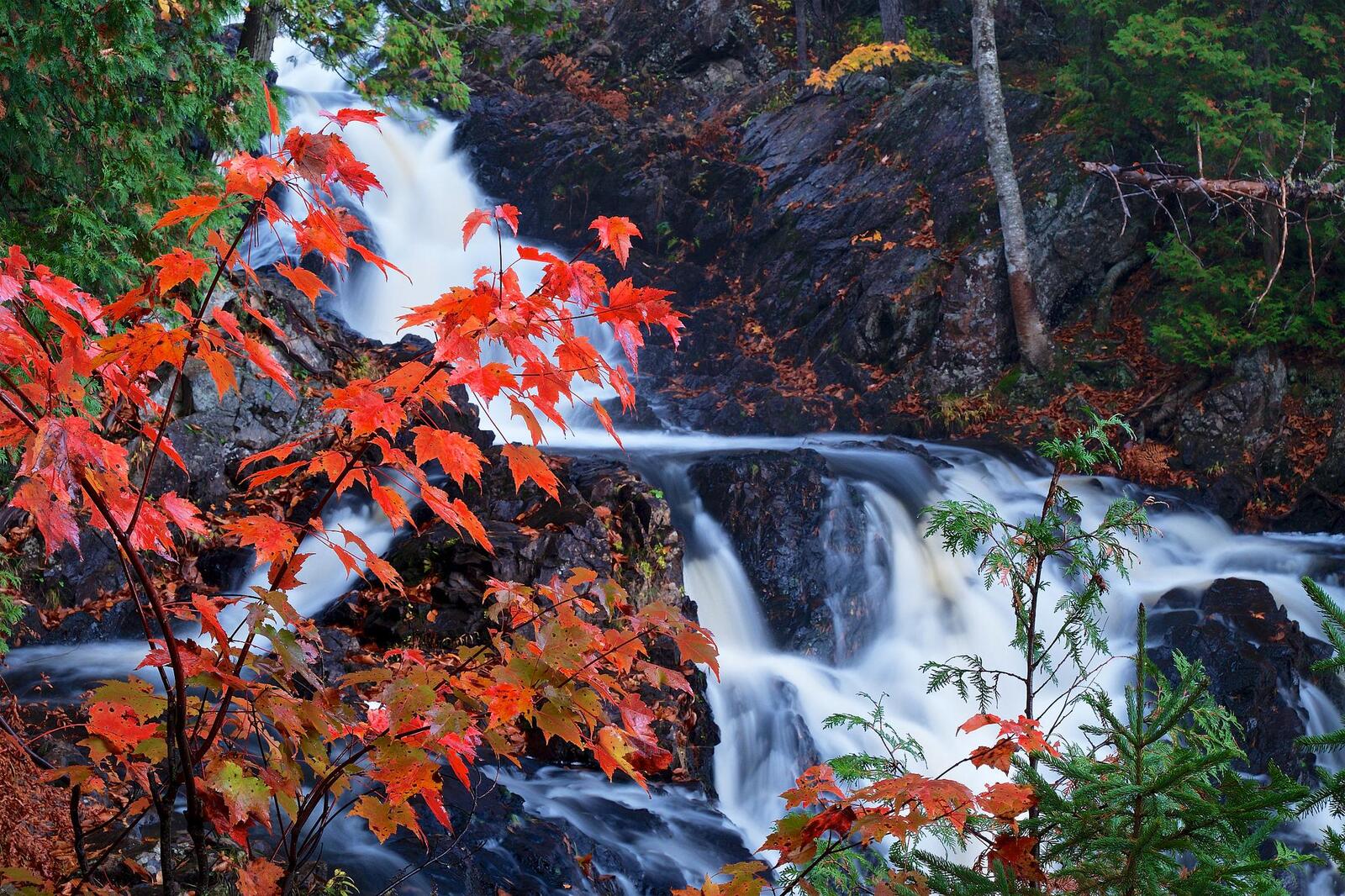 Обои водопад красная листва река на рабочий стол