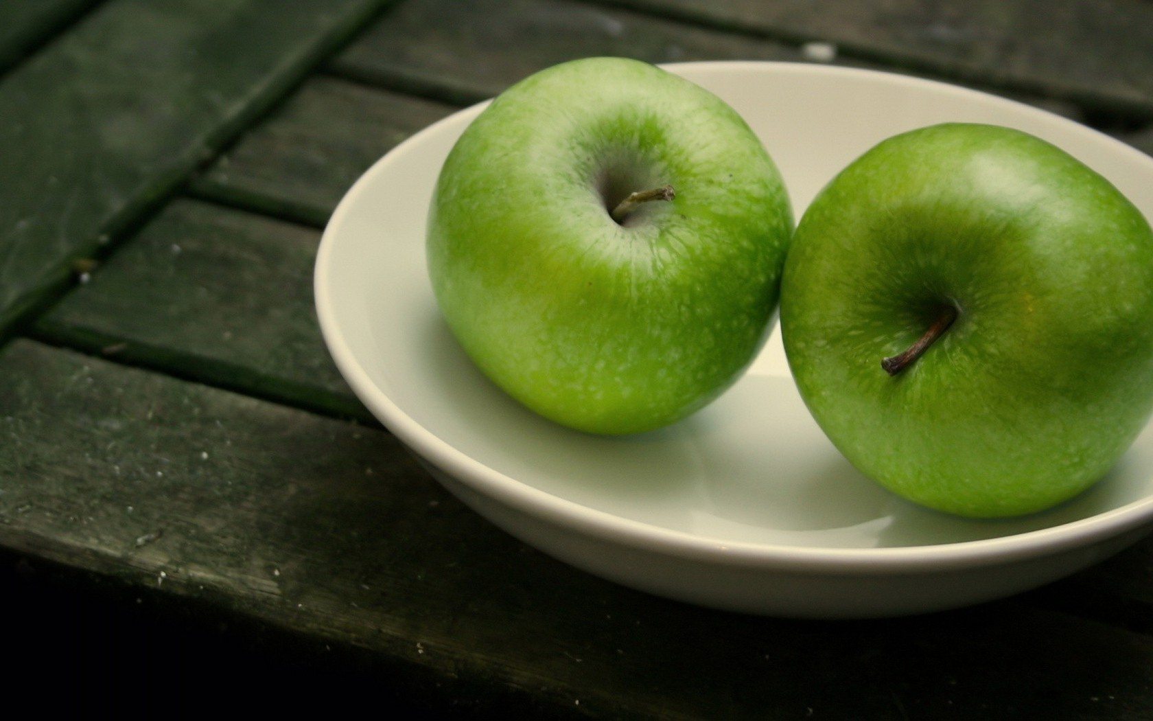 Wallpapers Green apples plate table on the desktop