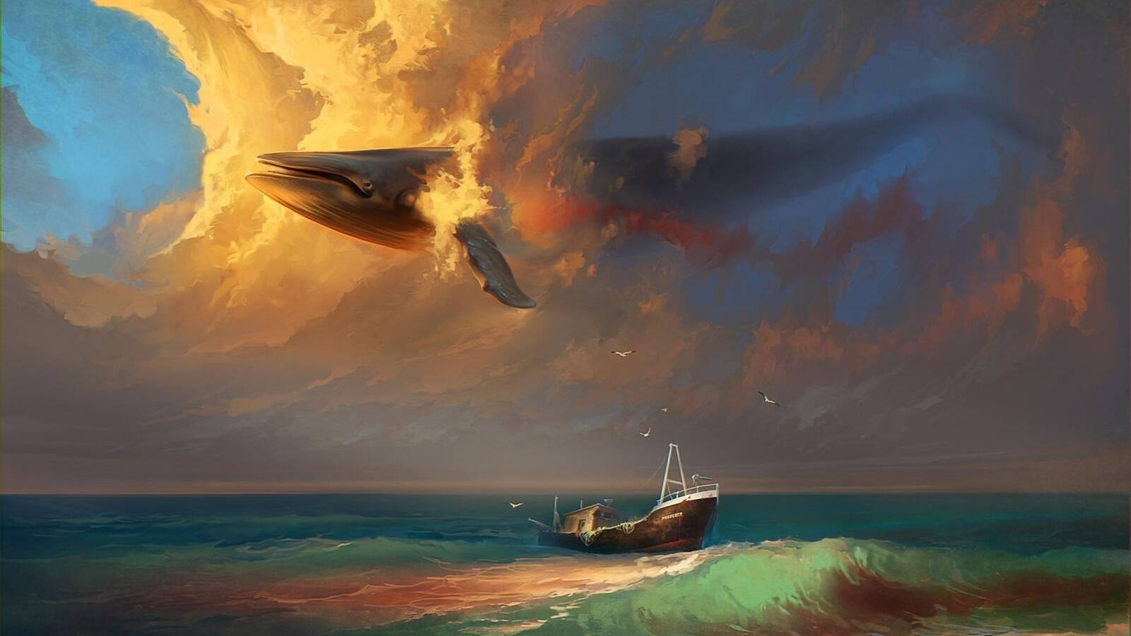 Wallpapers flying whale drawing boat on the desktop