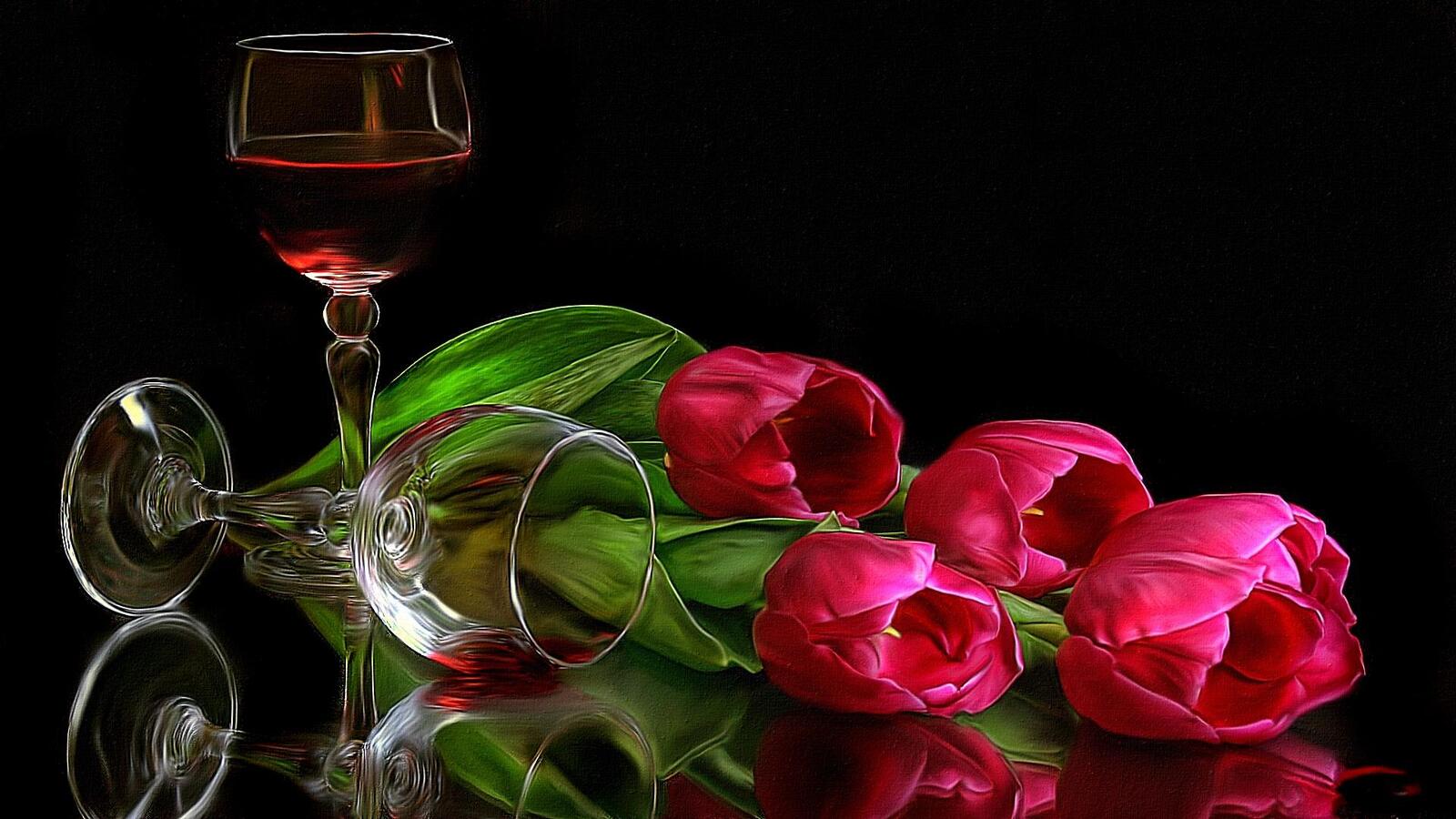 Обои тюльпаны бокалы вино на рабочий стол