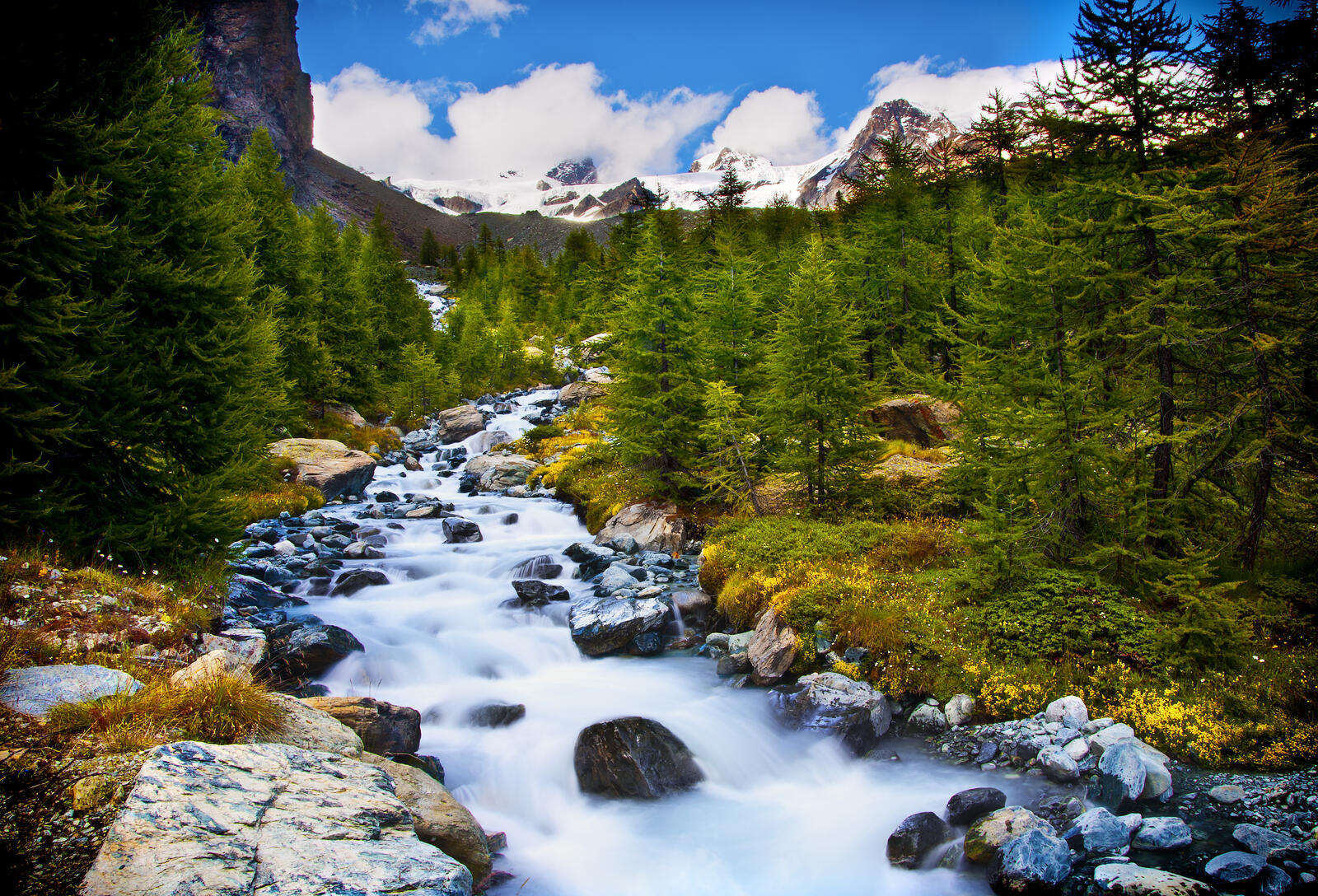 Wallpapers Stream in the forest in the middle of the Alps river mountains on the desktop